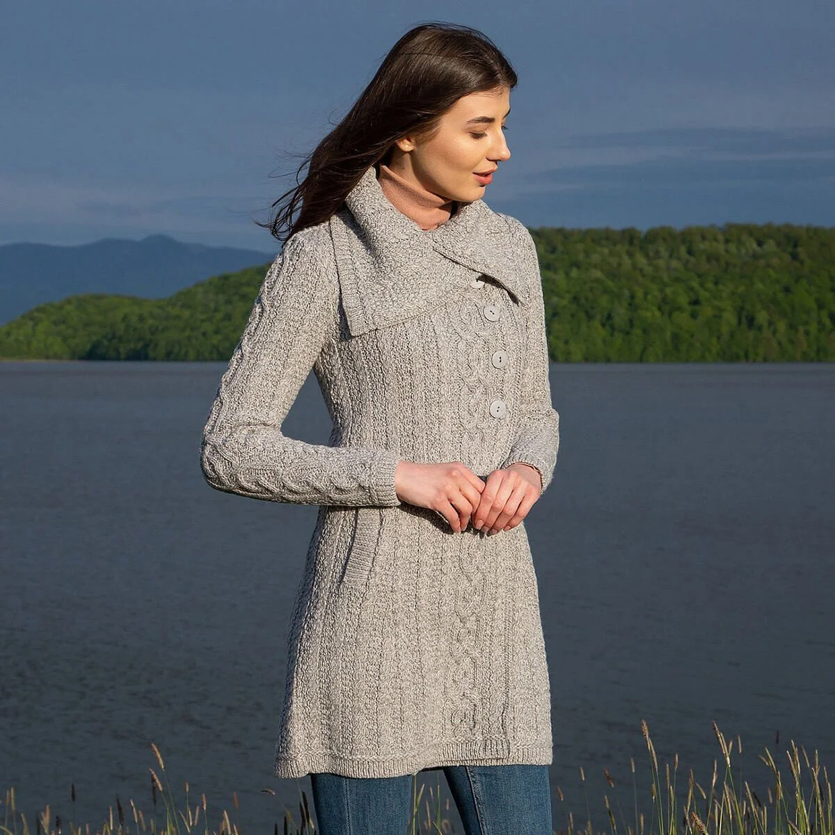 Irish Ladies 4 Button Collar Merino Wool Cable Knit Coat – Made in Ireland - Image 5 | Caelmoon