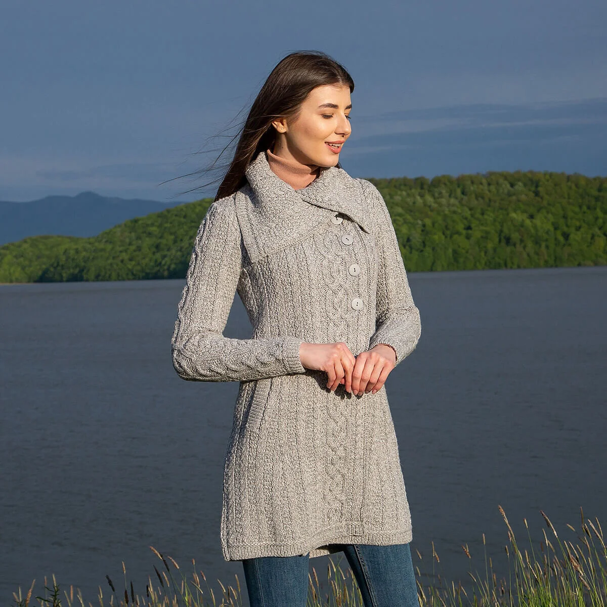 Irish Ladies 4 Button Collar Merino Wool Cable Knit Coat – Made in Ireland - Image 8 | Caelmoon