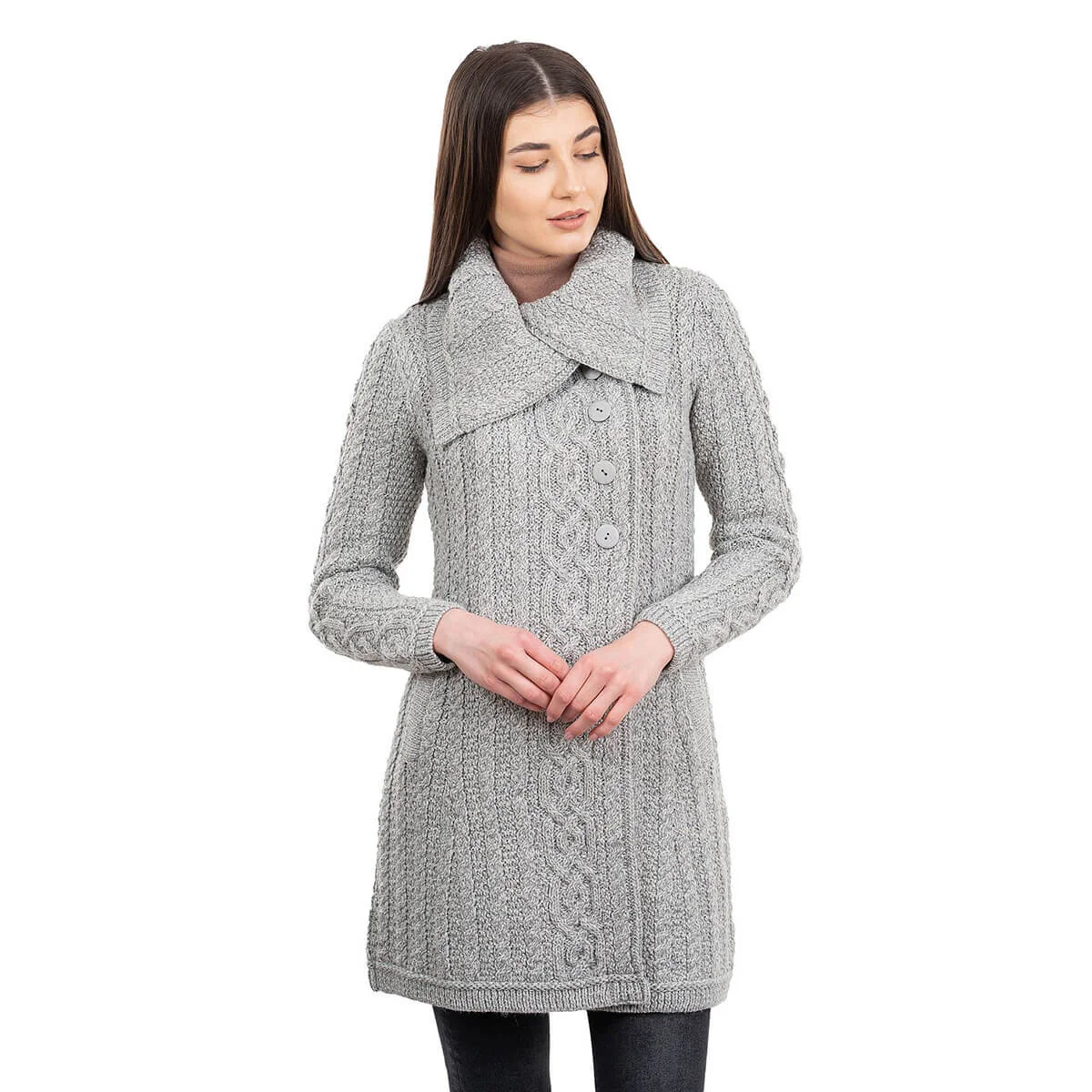 Irish Ladies 4 Button Collar Merino Wool Cable Knit Coat – Made in Ireland - Image 9 | Caelmoon