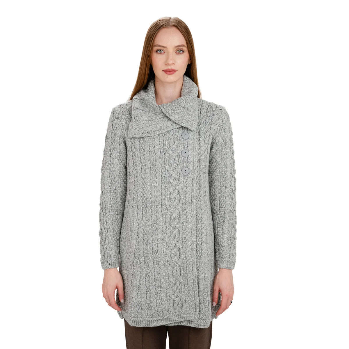 Irish Ladies 4 Button Collar Merino Wool Cable Knit Coat – Made in Ireland - Image 11 | Caelmoon