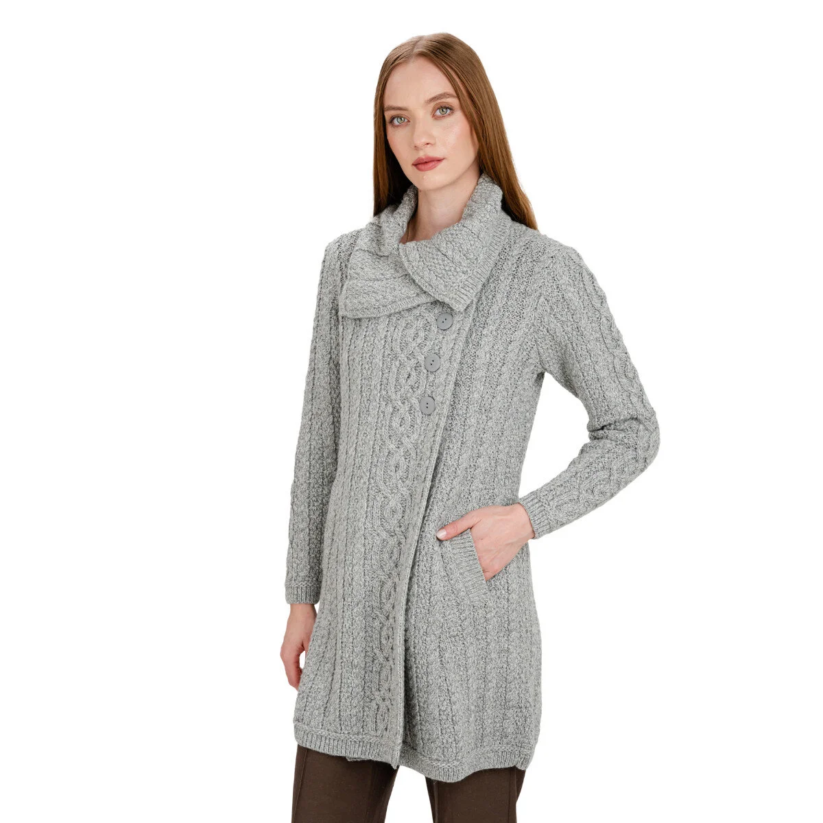 Irish Ladies 4 Button Collar Merino Wool Cable Knit Coat – Made in Ireland - Image 12 | Caelmoon