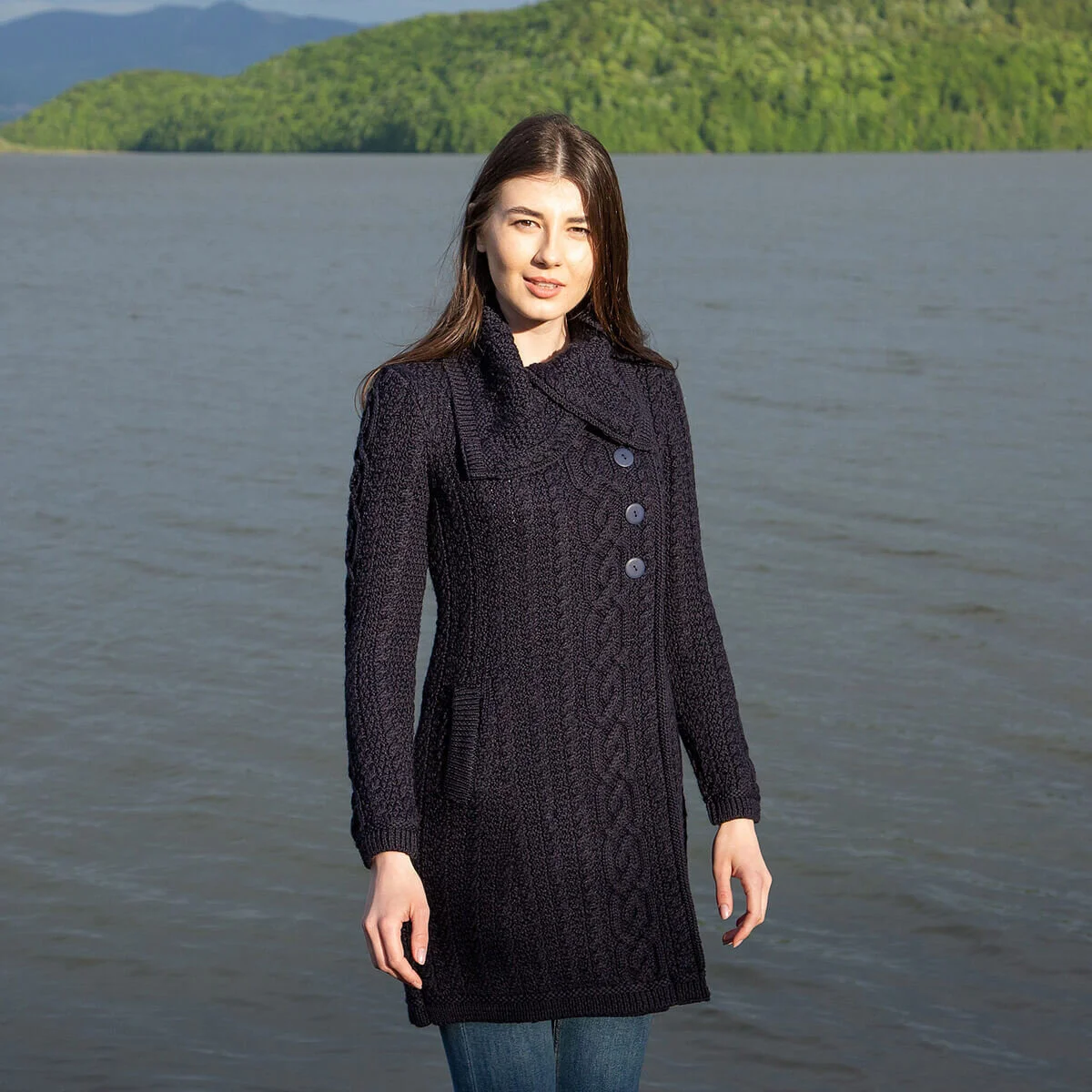Irish Ladies 4 Button Collar Merino Wool Cable Knit Coat – Made in Ireland | Caelmoon