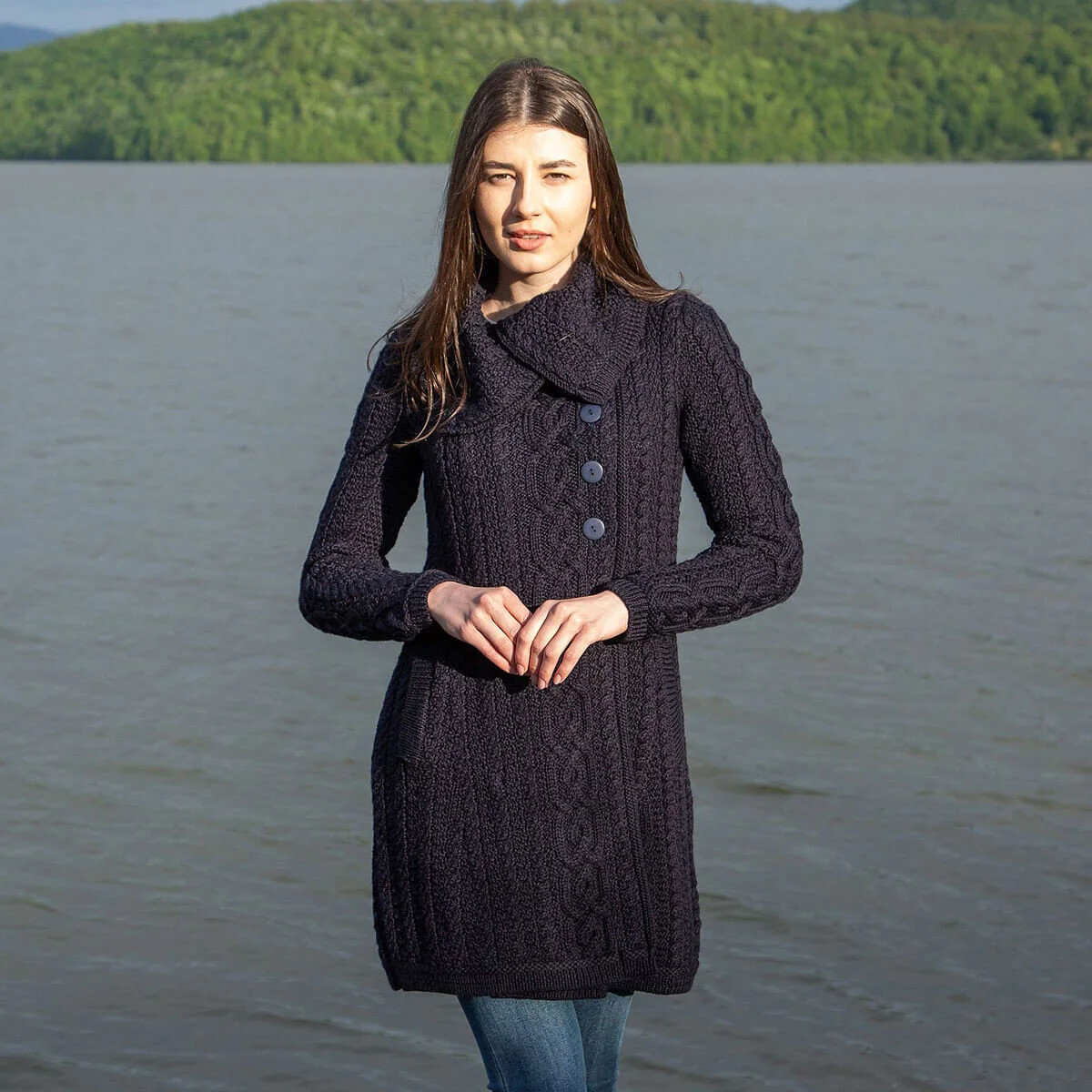 Irish Ladies 4 Button Collar Merino Wool Cable Knit Coat – Made in Ireland - Image 3 | Caelmoon
