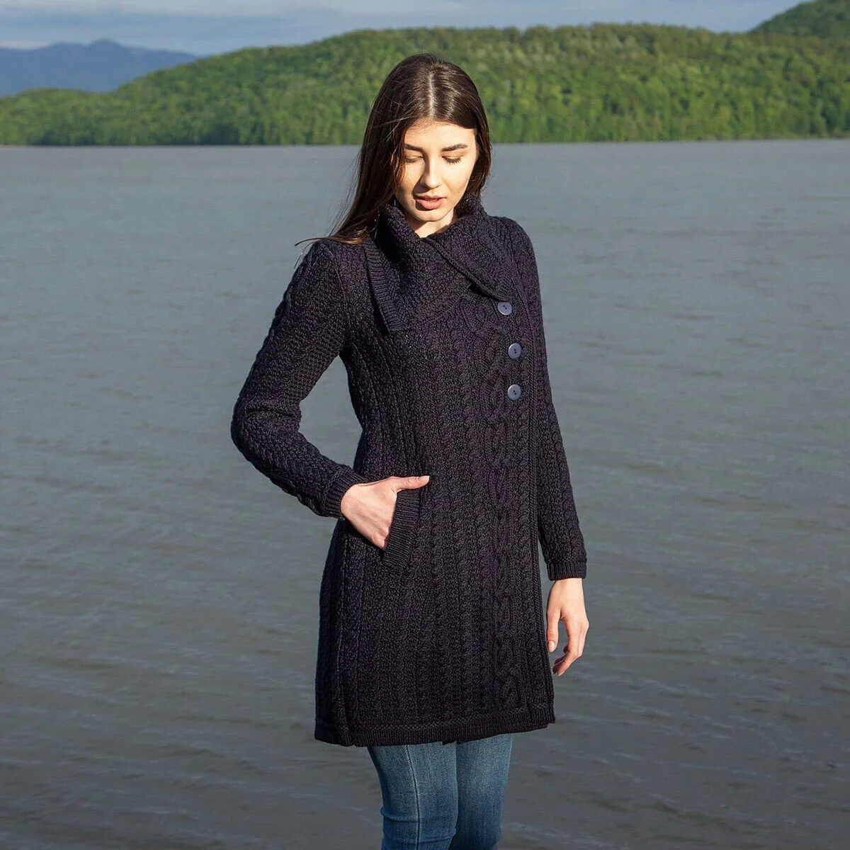 Irish Ladies 4 Button Collar Merino Wool Cable Knit Coat – Made in Ireland - Image 4 | Caelmoon