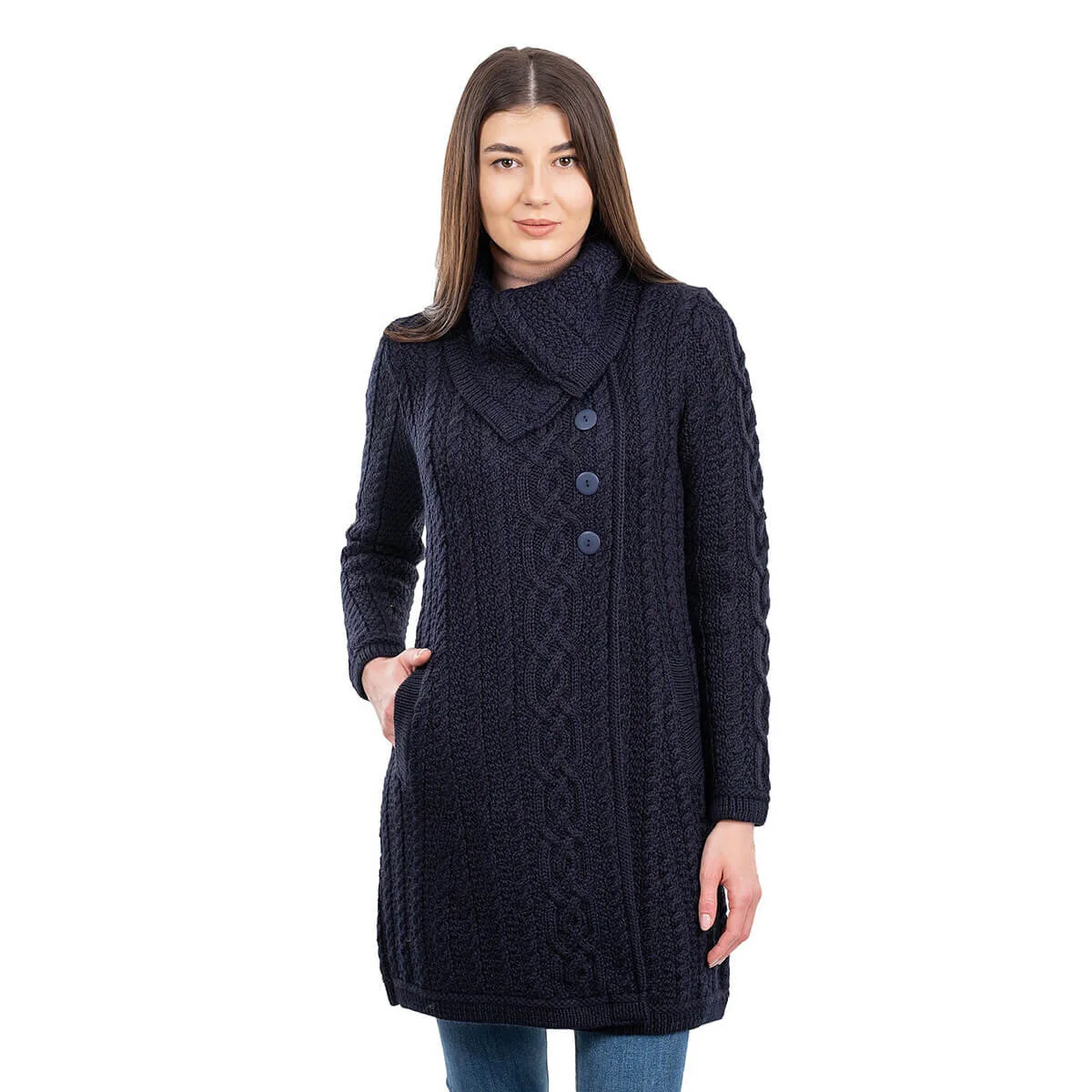 Irish Ladies 4 Button Collar Merino Wool Cable Knit Coat – Made in Ireland - Image 16 | Caelmoon