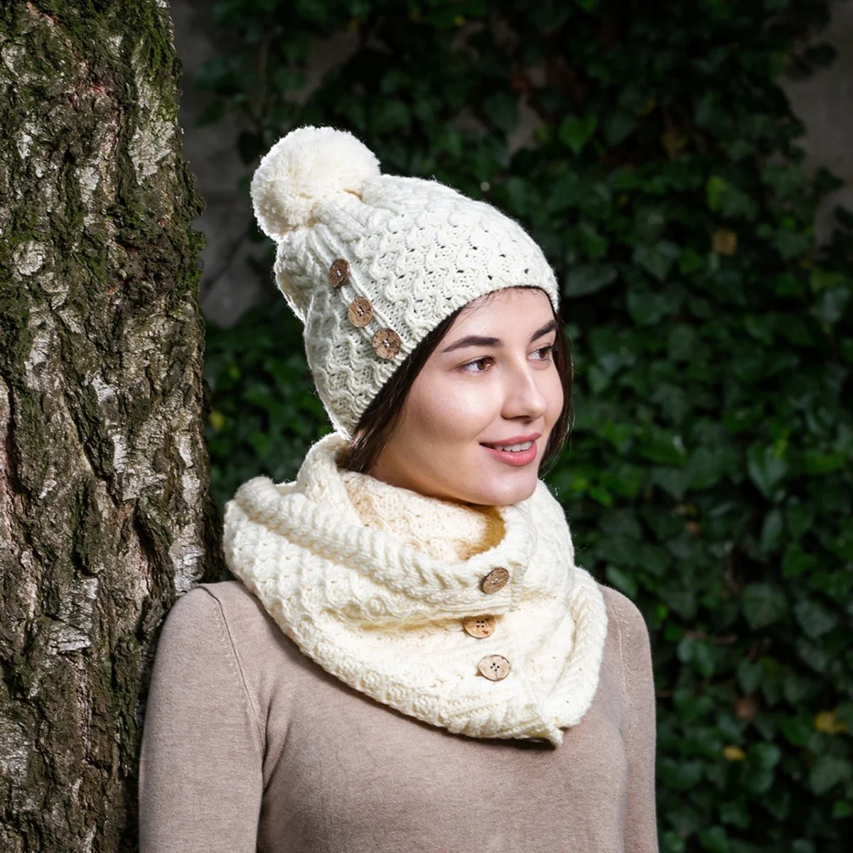 Ladies Button Pom-Pom Wool Hat – Cable Knit Winter Beanie - Image 3 | Caelmoon