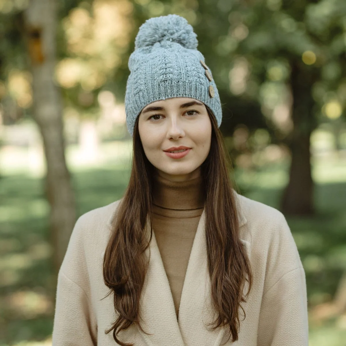 Ladies Button Pom-Pom Wool Hat – Cable Knit Winter Beanie - Image 5 | Caelmoon