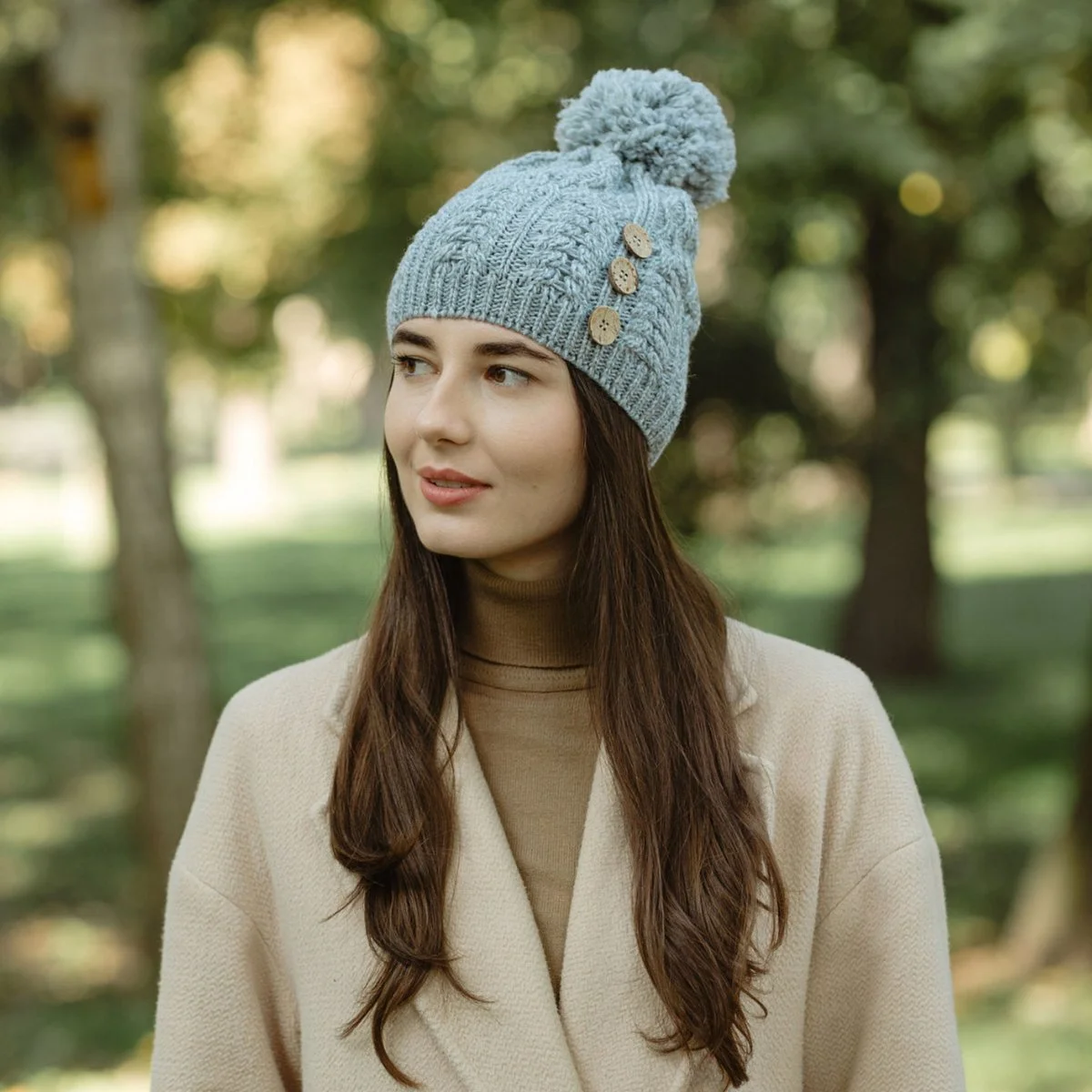 Ladies Button Pom-Pom Wool Hat – Cable Knit Winter Beanie - Image 4 | Caelmoon