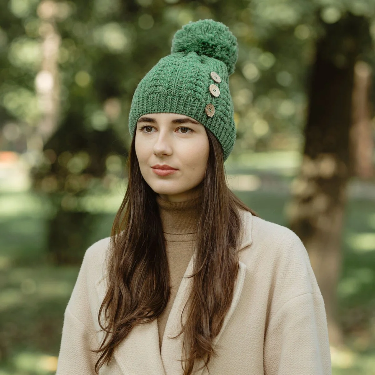 Ladies Button Pom-Pom Wool Hat – Cable Knit Winter Beanie - Image 6 | Caelmoon