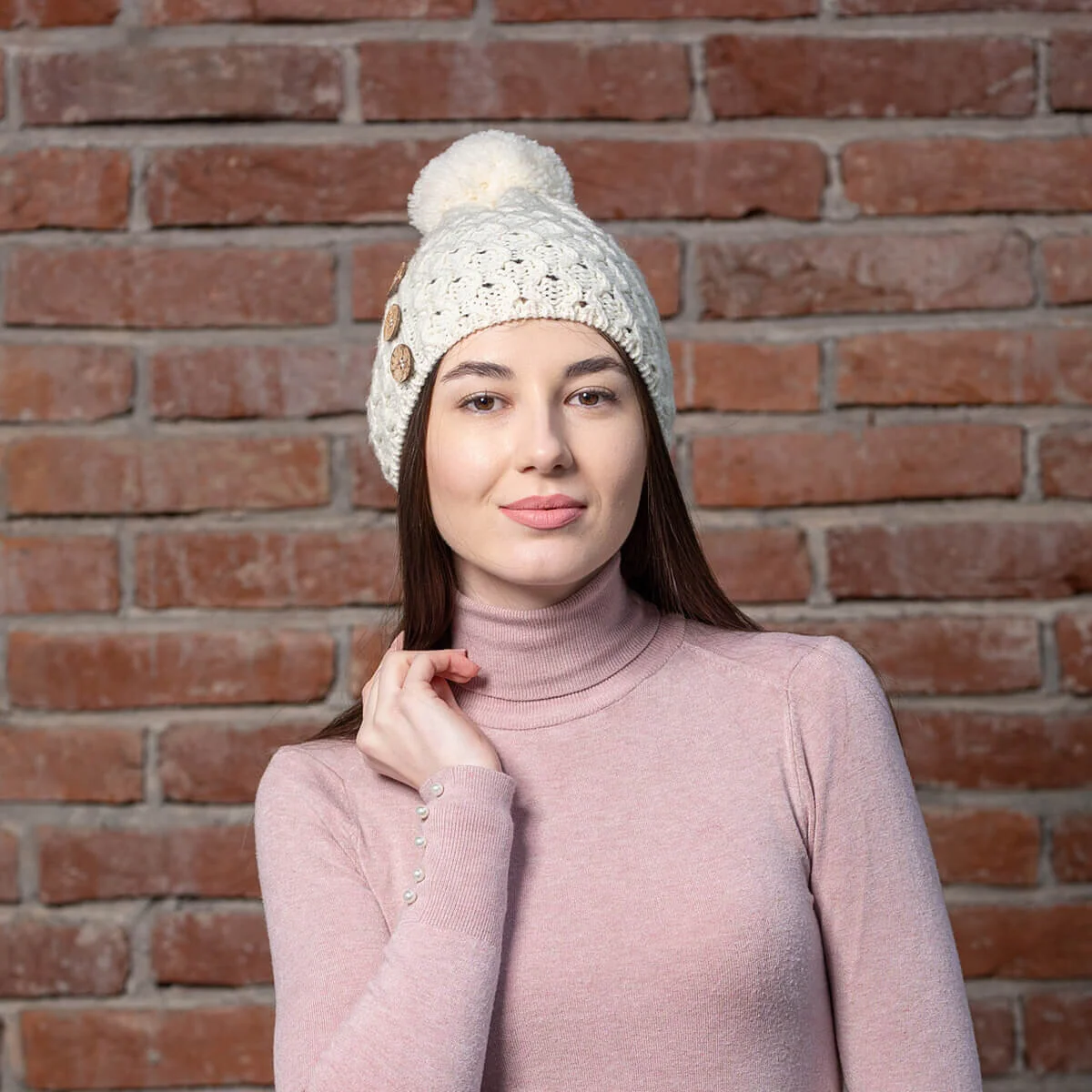 Ladies Button Pom-Pom Wool Hat – Cable Knit Winter Beanie - Image 8 | Caelmoon