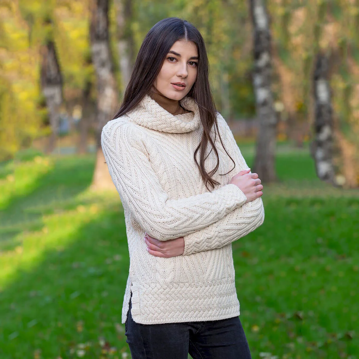 Ladies Merino Wool Blend Turtleneck Cable Knit Sweater – Aran Ribbed Pullover - Knitwear | Caelmoon