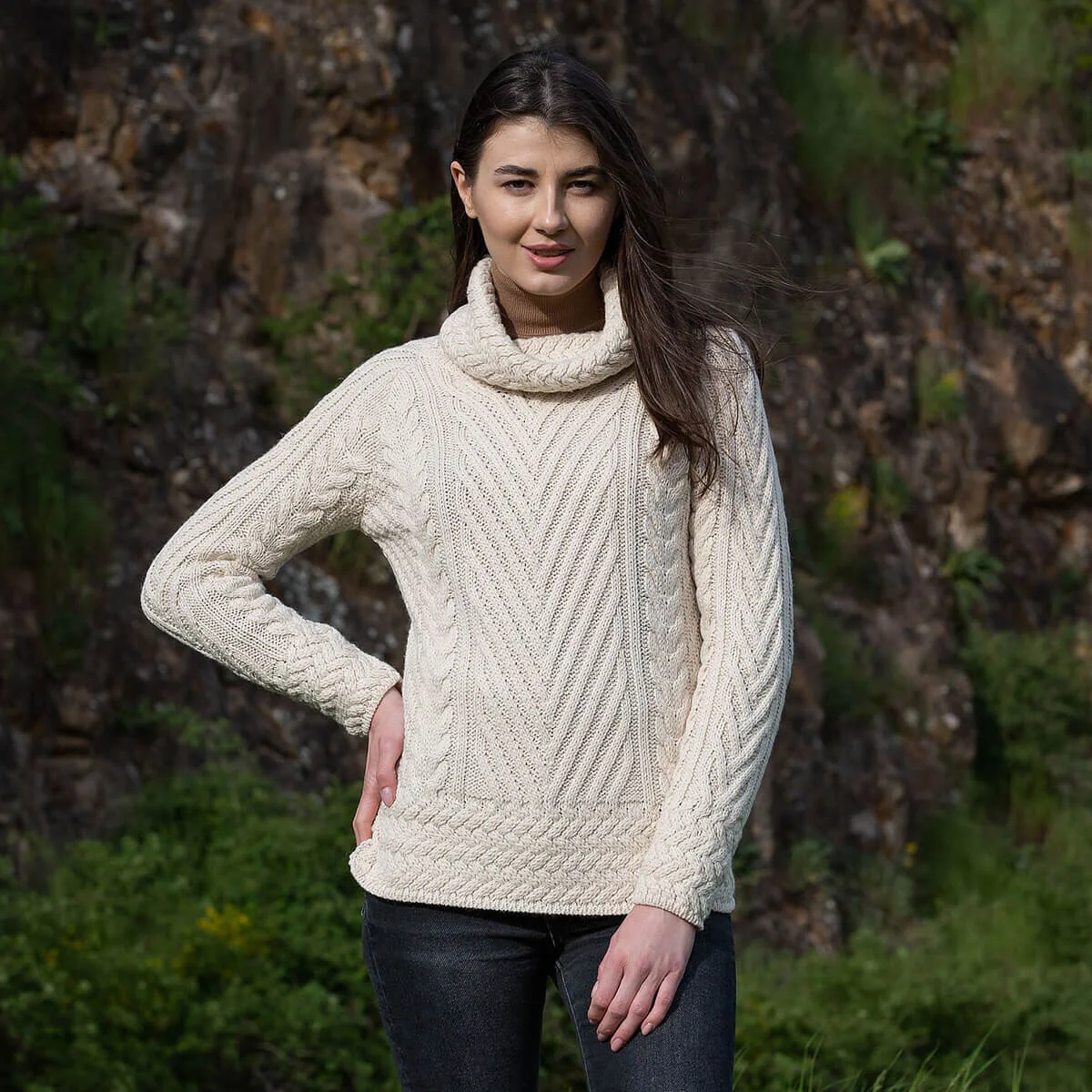 Ladies Merino Wool Blend Turtleneck Cable Knit Sweater – Aran Ribbed Pullover - Image 4 | Caelmoon