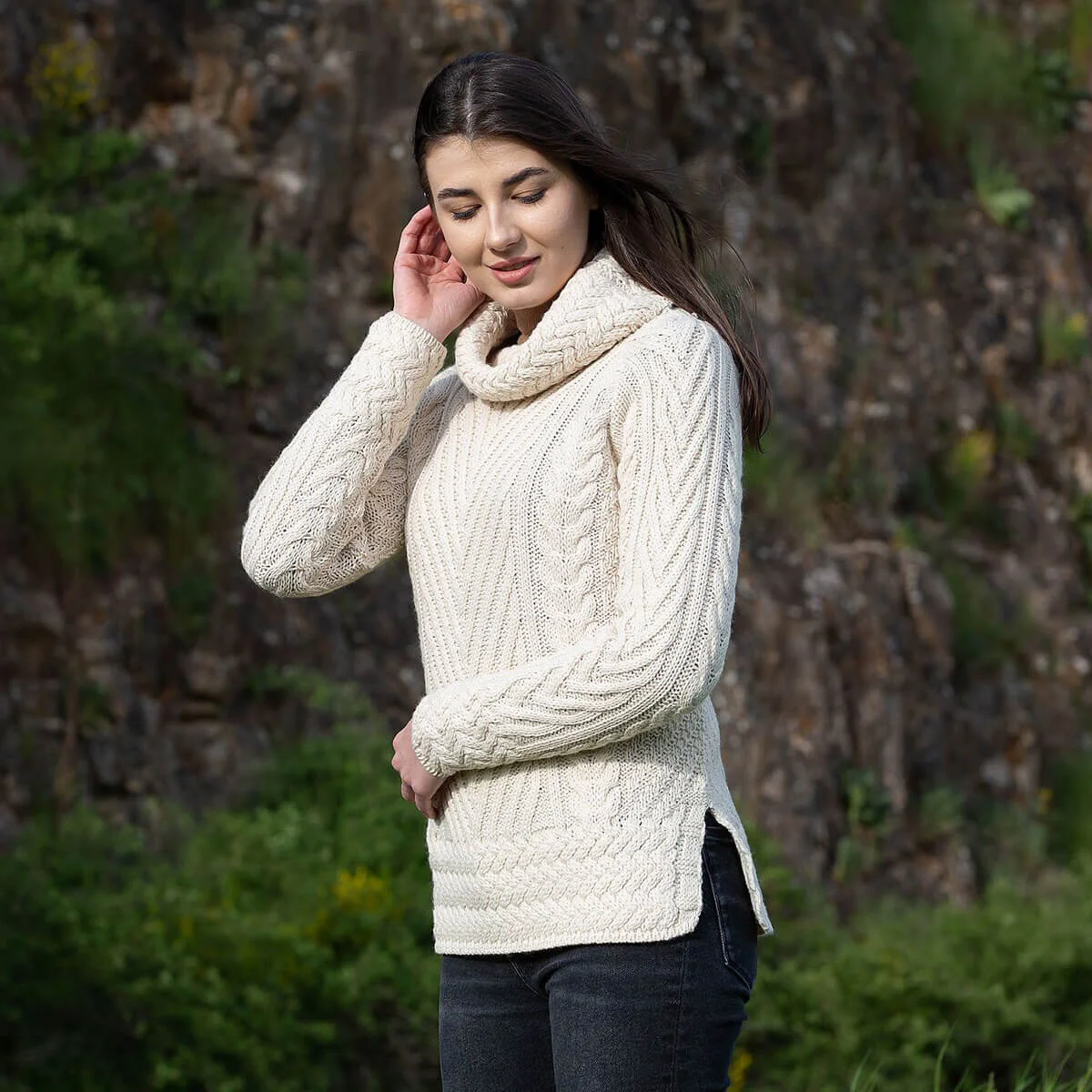 Ladies Merino Wool Blend Turtleneck Cable Knit Sweater – Aran Ribbed Pullover - Image 5 | Caelmoon