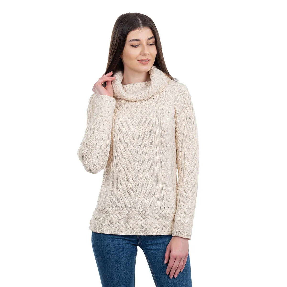 Ladies Merino Wool Blend Turtleneck Cable Knit Sweater – Aran Ribbed Pullover - Image 6 | Caelmoon