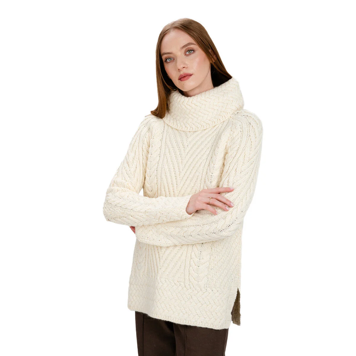Ladies Merino Wool Blend Turtleneck Cable Knit Sweater – Aran Ribbed Pullover - Image 8 | Caelmoon