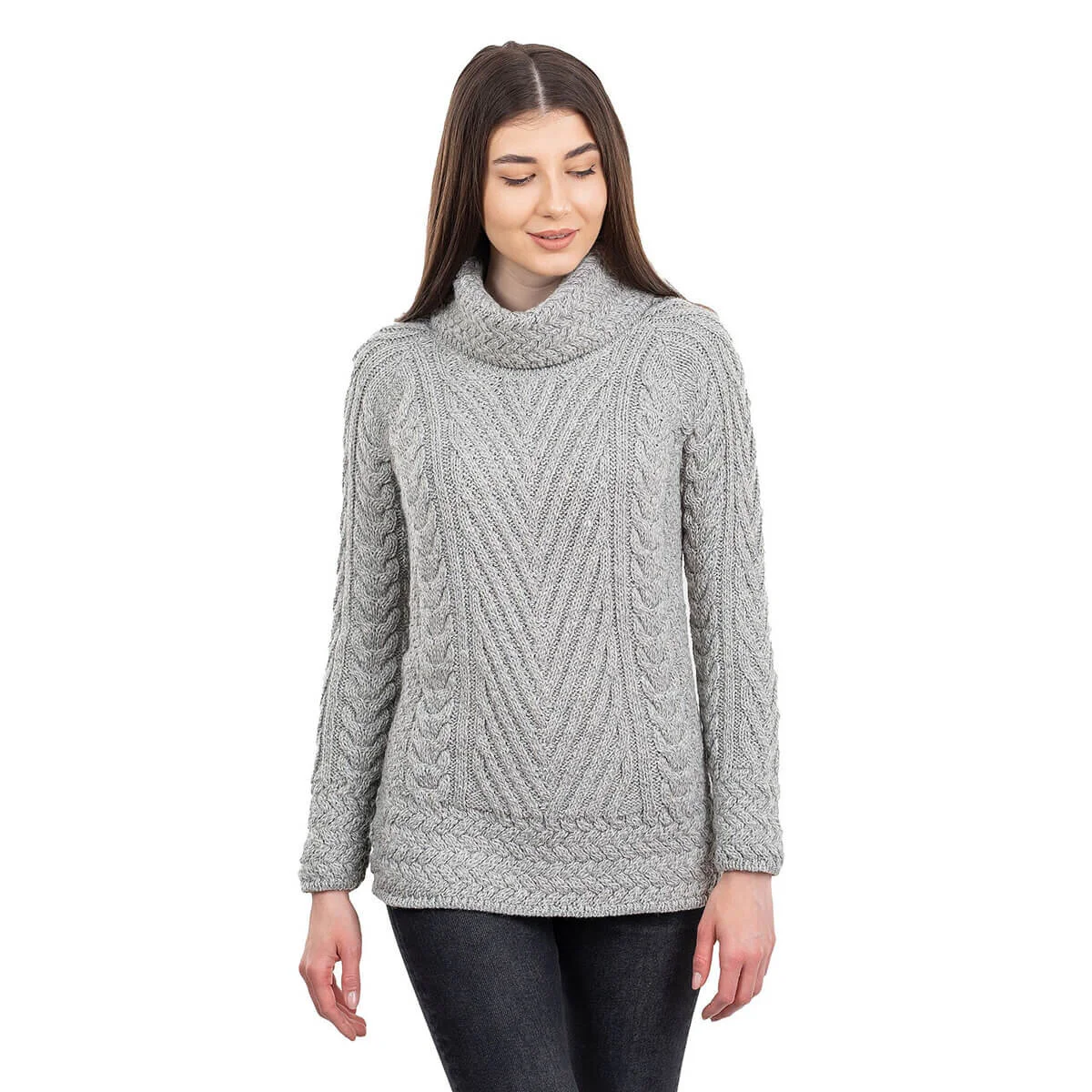 Ladies Merino Wool Blend Turtleneck Cable Knit Sweater – Aran Ribbed Pullover - Image 11 | Caelmoon