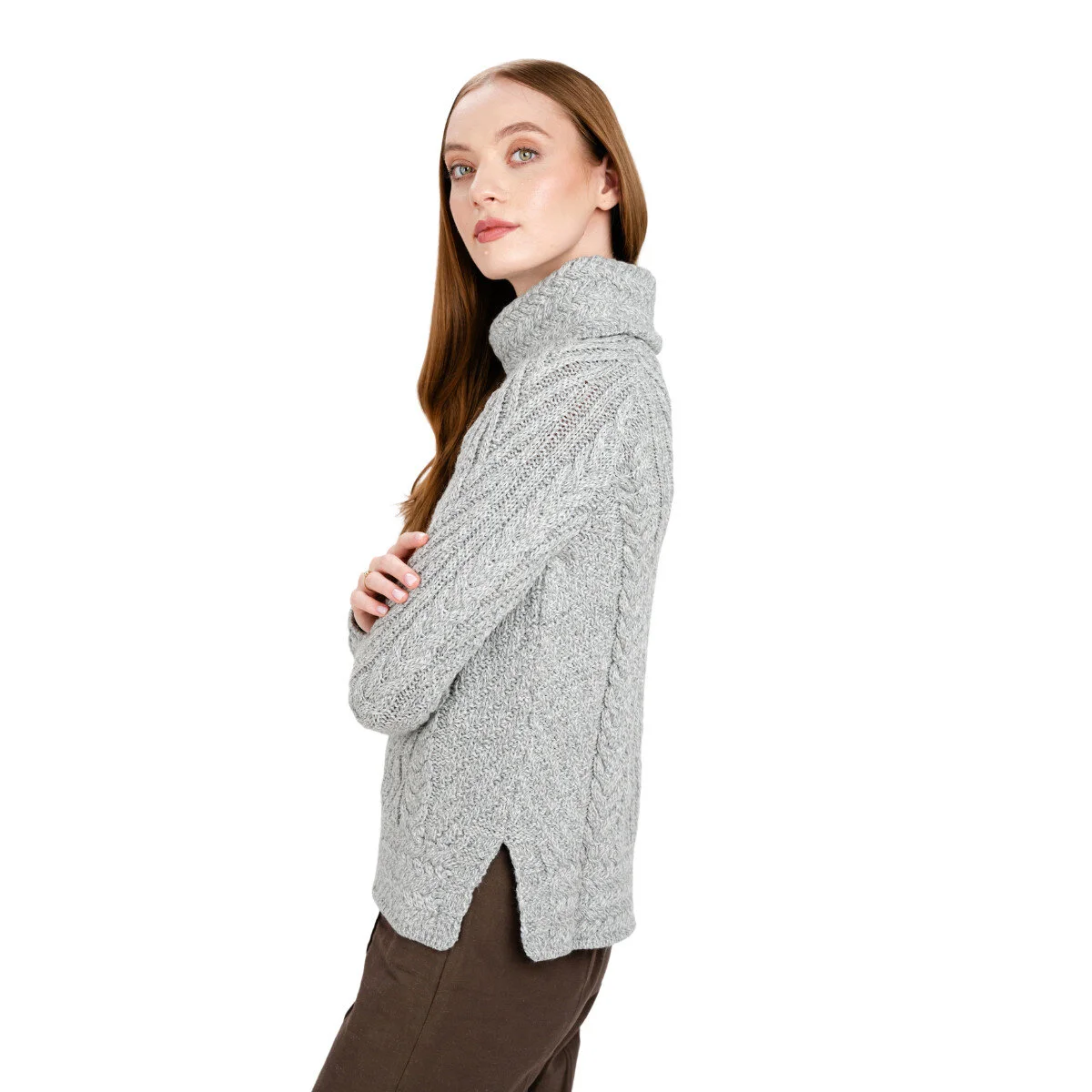 Ladies Merino Wool Blend Turtleneck Cable Knit Sweater – Aran Ribbed Pullover - Image 14 | Caelmoon