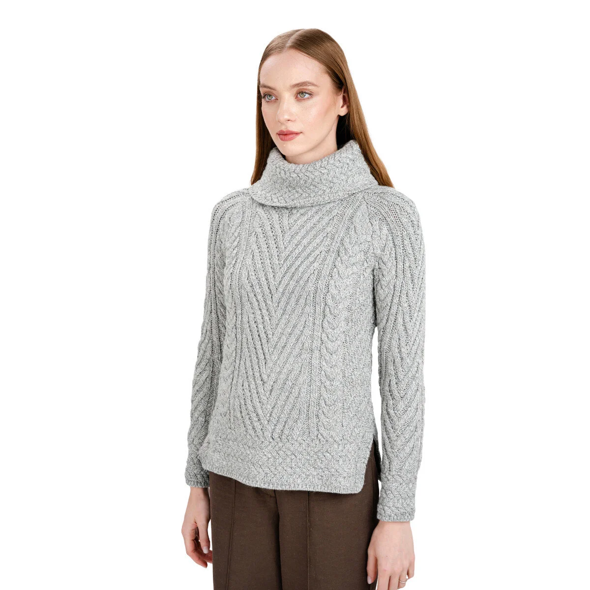 Ladies Merino Wool Blend Turtleneck Cable Knit Sweater – Aran Ribbed Pullover - Image 15 | Caelmoon