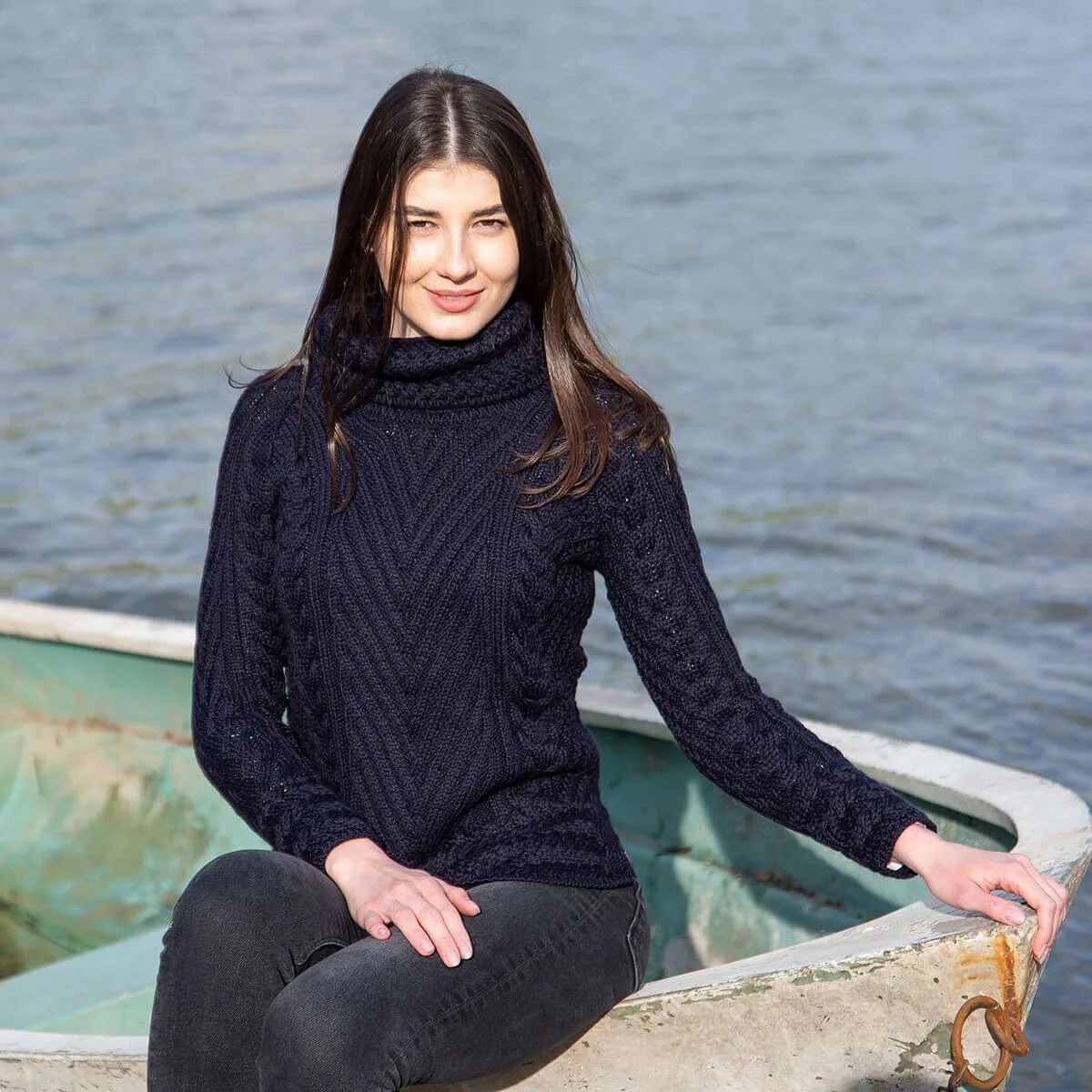 Ladies Merino Wool Blend Turtleneck Cable Knit Sweater – Aran Ribbed Pullover - Image 2 | Caelmoon