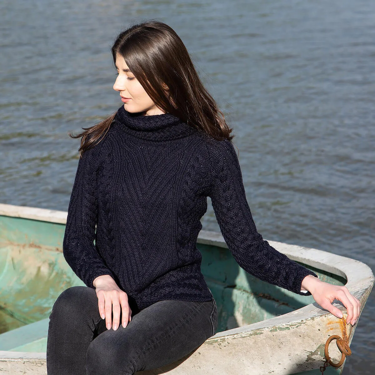 Ladies Merino Wool Blend Turtleneck Cable Knit Sweater – Aran Ribbed Pullover - Image 16 | Caelmoon