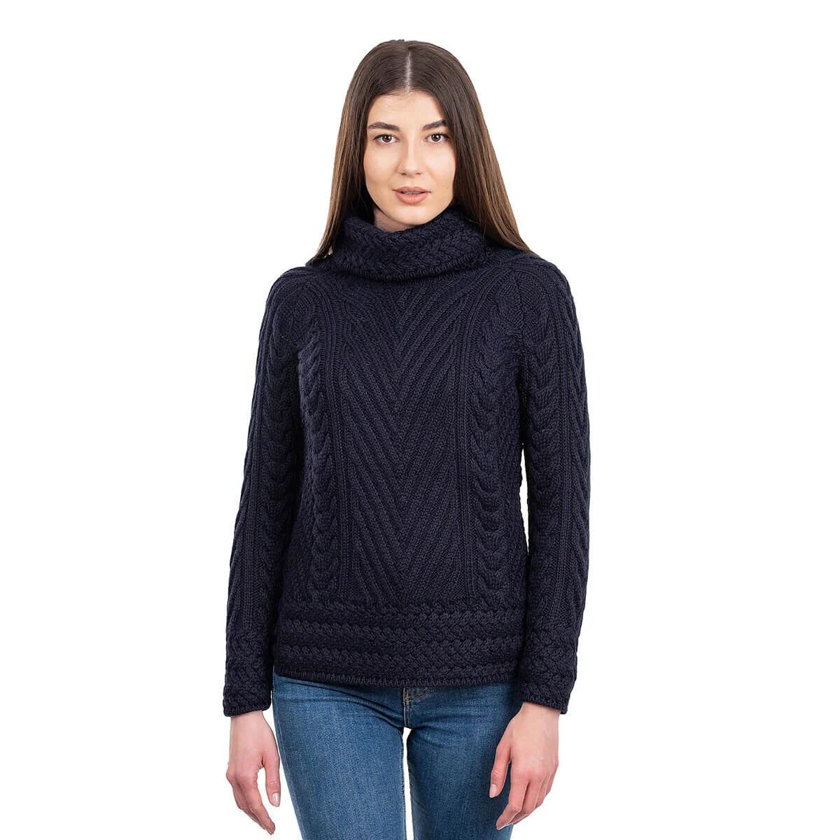 Ladies Merino Wool Blend Turtleneck Cable Knit Sweater – Aran Ribbed Pullover - Image 17 | Caelmoon