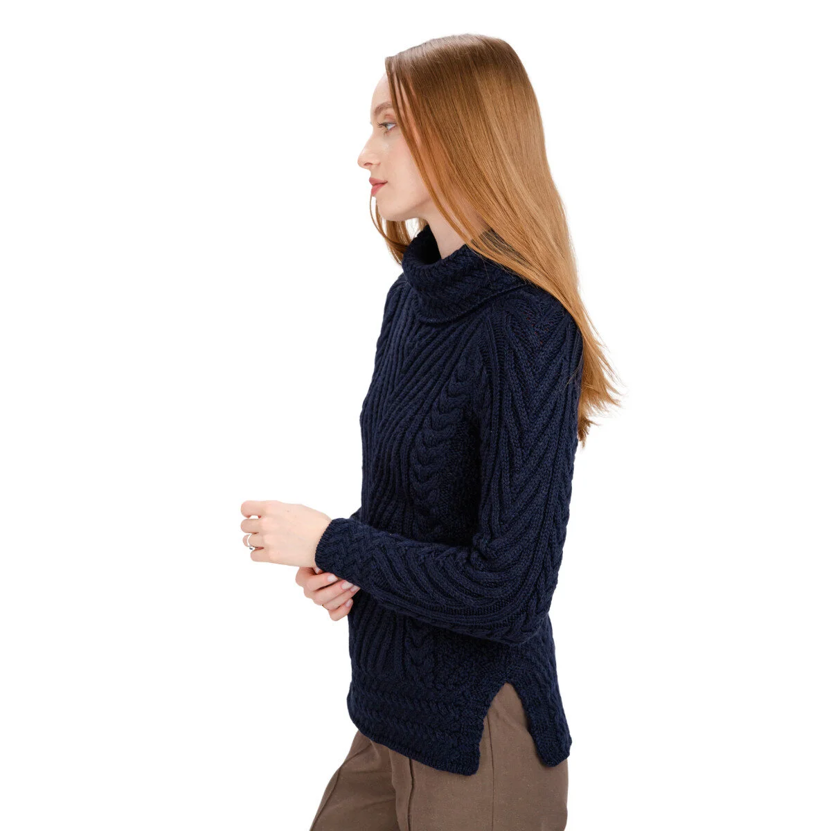 Ladies Merino Wool Blend Turtleneck Cable Knit Sweater – Aran Ribbed Pullover - Image 19 | Caelmoon