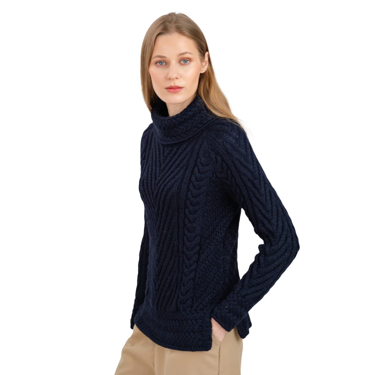 Ladies Merino Wool Blend Turtleneck Cable Knit Sweater – Aran Ribbed Pullover - Image 21 | Caelmoon