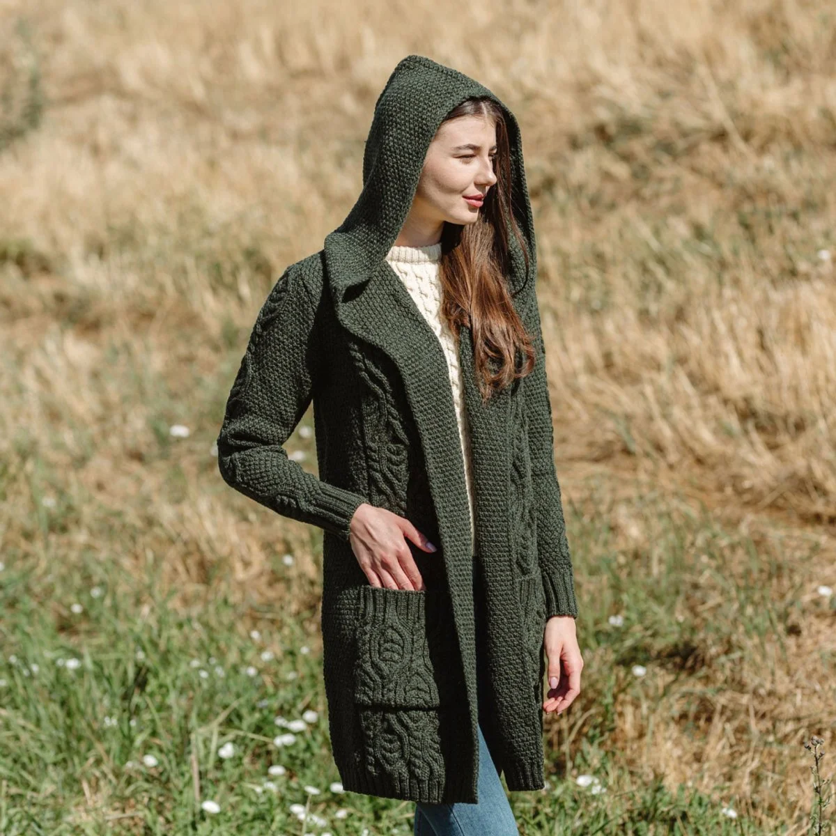 Ladies Merino Wool Long Hooded Cardigan – Classic Fit Aran Knit Open Front Sweater - Image 6 | Caelmoon