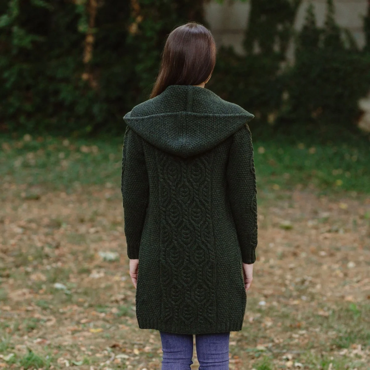 Ladies Merino Wool Long Hooded Cardigan – Classic Fit Aran Knit Open Front Sweater - Image 8 | Caelmoon