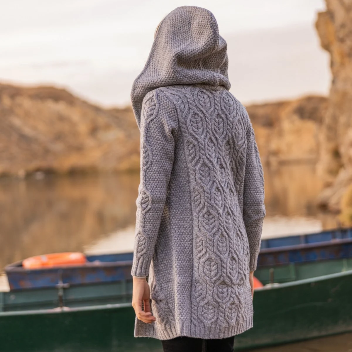 Ladies Merino Wool Long Hooded Cardigan – Classic Fit Aran Knit Open Front Sweater - Image 3 | Caelmoon