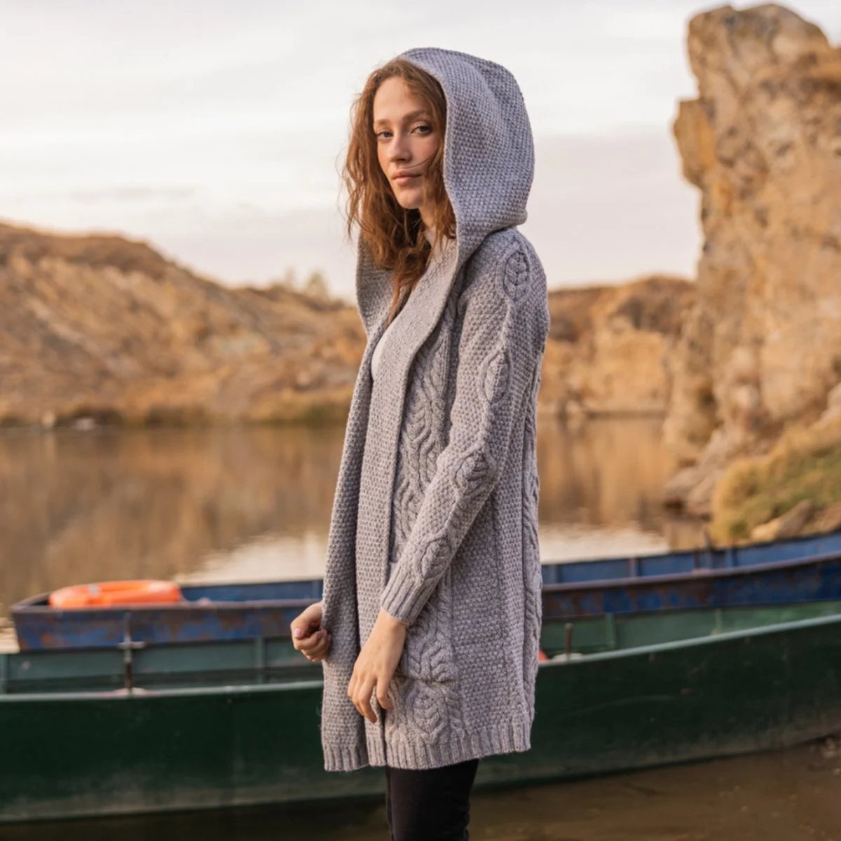 Ladies Merino Wool Long Hooded Cardigan – Classic Fit Aran Knit Open Front Sweater - Image 4 | Caelmoon