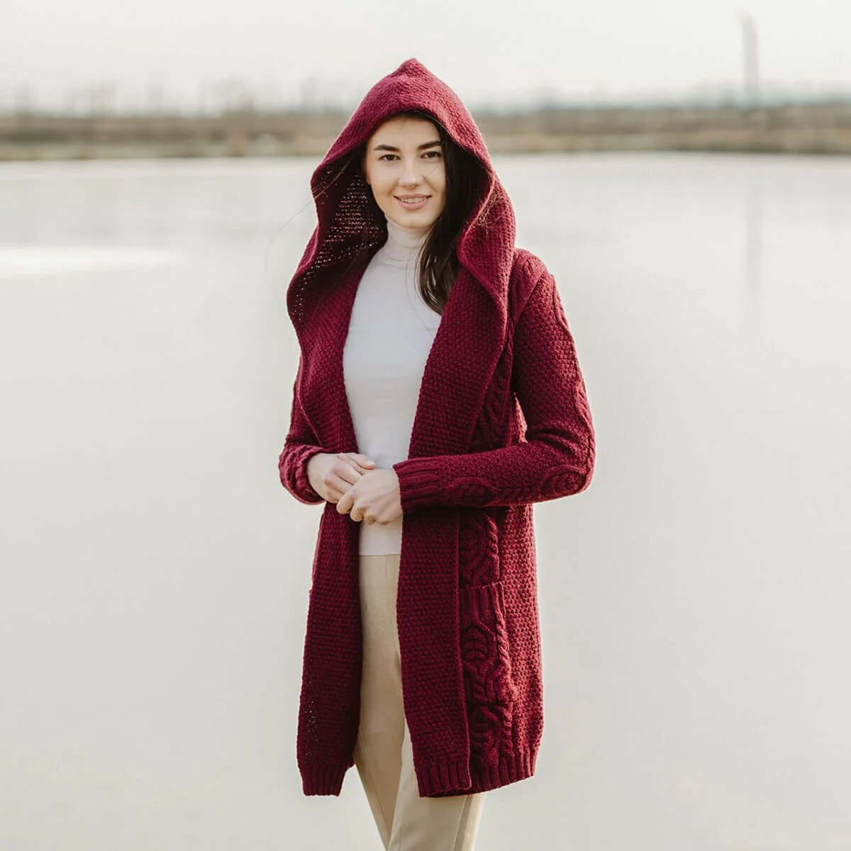 Ladies Merino Wool Long Hooded Cardigan – Classic Fit Aran Knit Open Front Sweater - Image 13 | Caelmoon