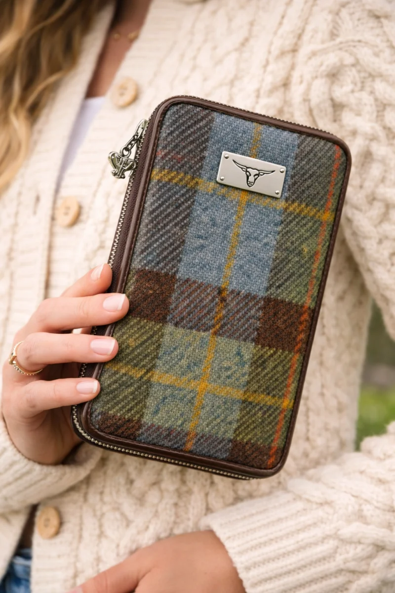 Long Scottish Harris Tweed Zip Purse – Staffa Tartan Wallet with Highland Cow Detail - Bags & Purses | Caelmoon