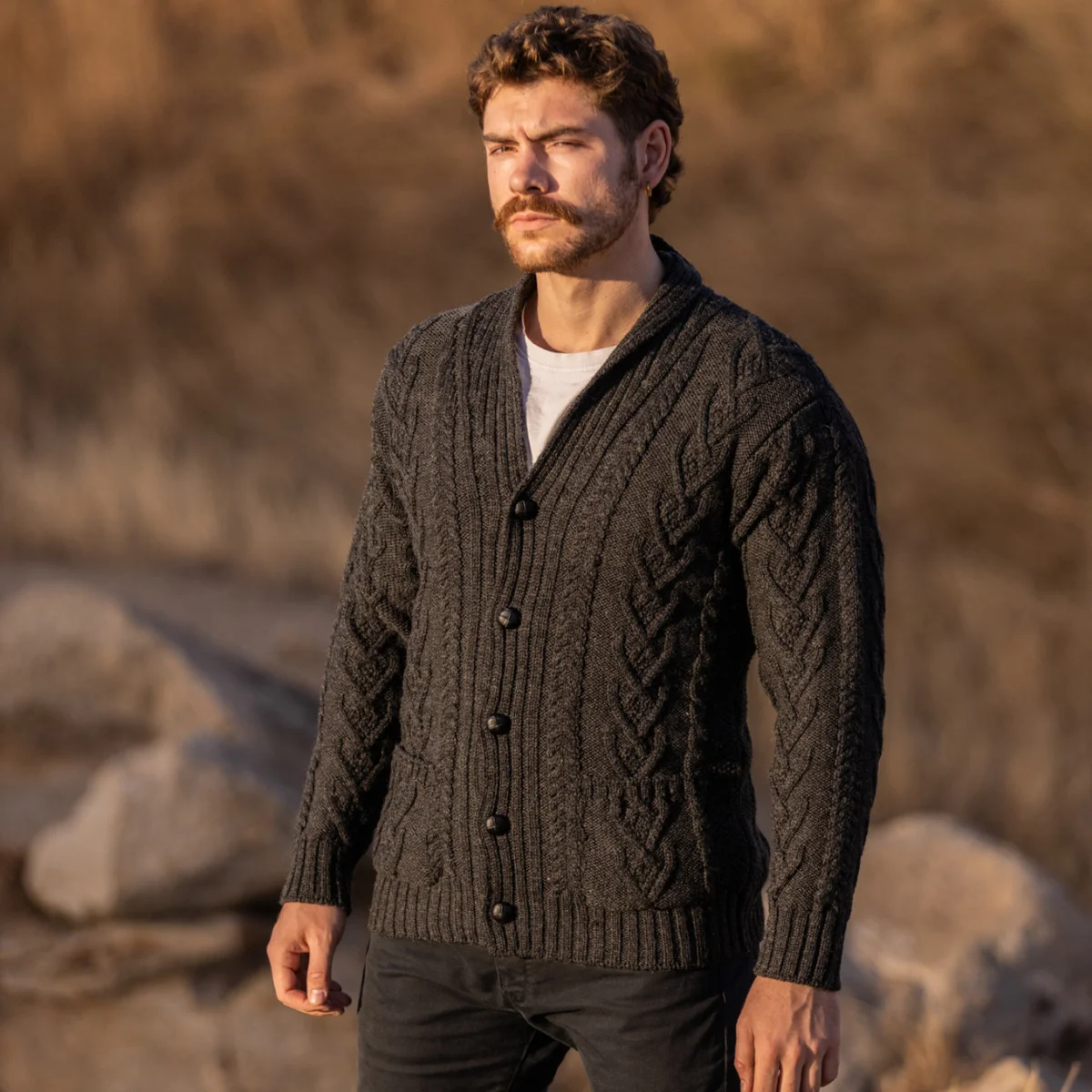 Men’s Aran Cable Shawl Collar Cardigan – 100% Merino Wool Irish Knit | Caelmoon