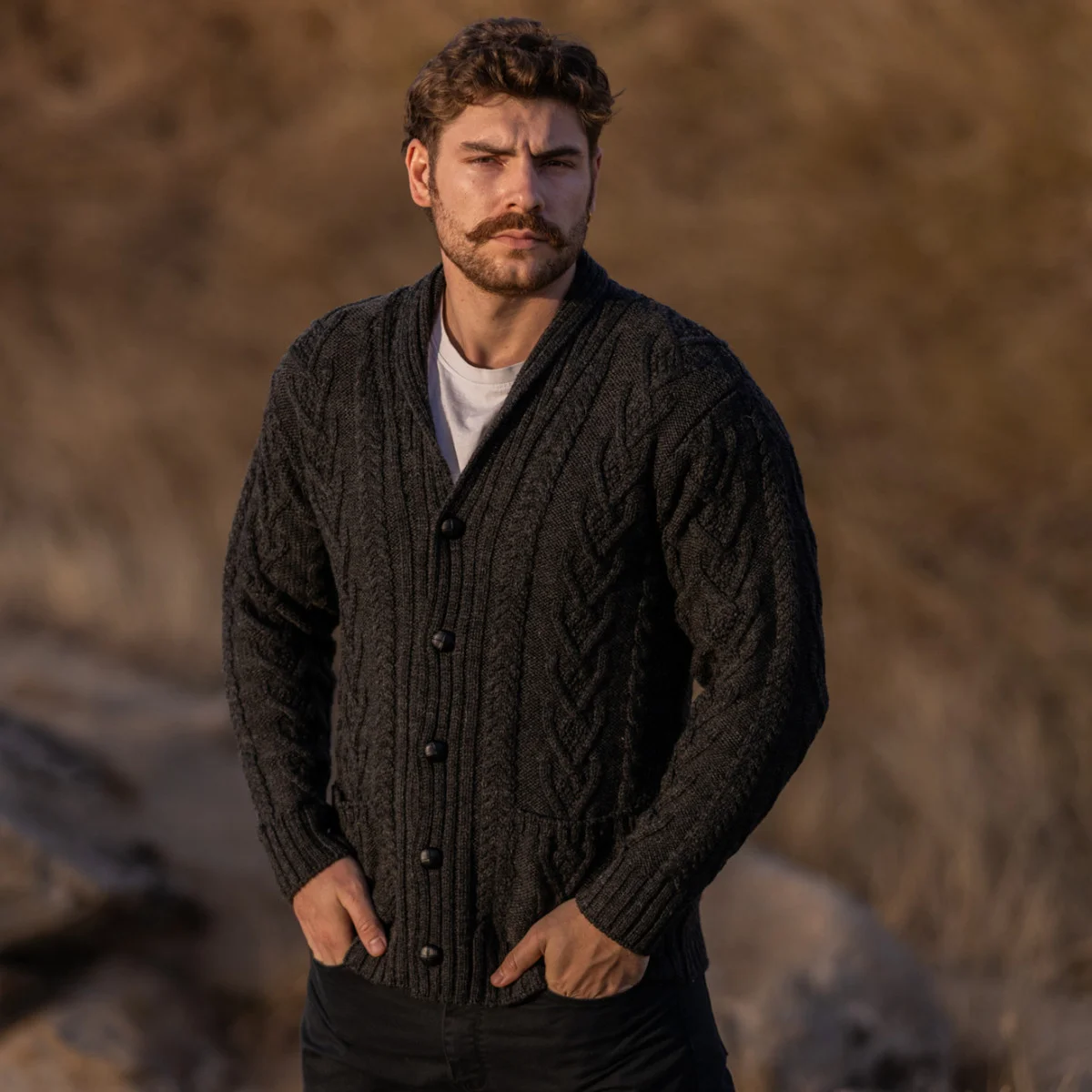 Men’s Aran Cable Shawl Collar Cardigan – 100% Merino Wool Irish Knit - Image 2 | Caelmoon