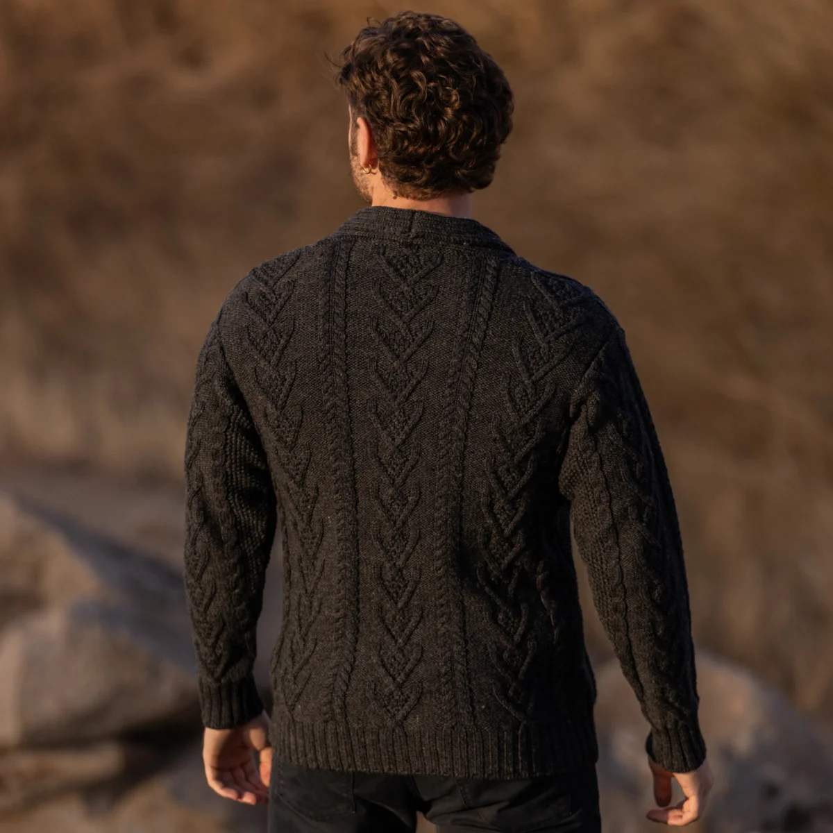 Men’s Aran Cable Shawl Collar Cardigan – 100% Merino Wool Irish Knit - Image 3 | Caelmoon