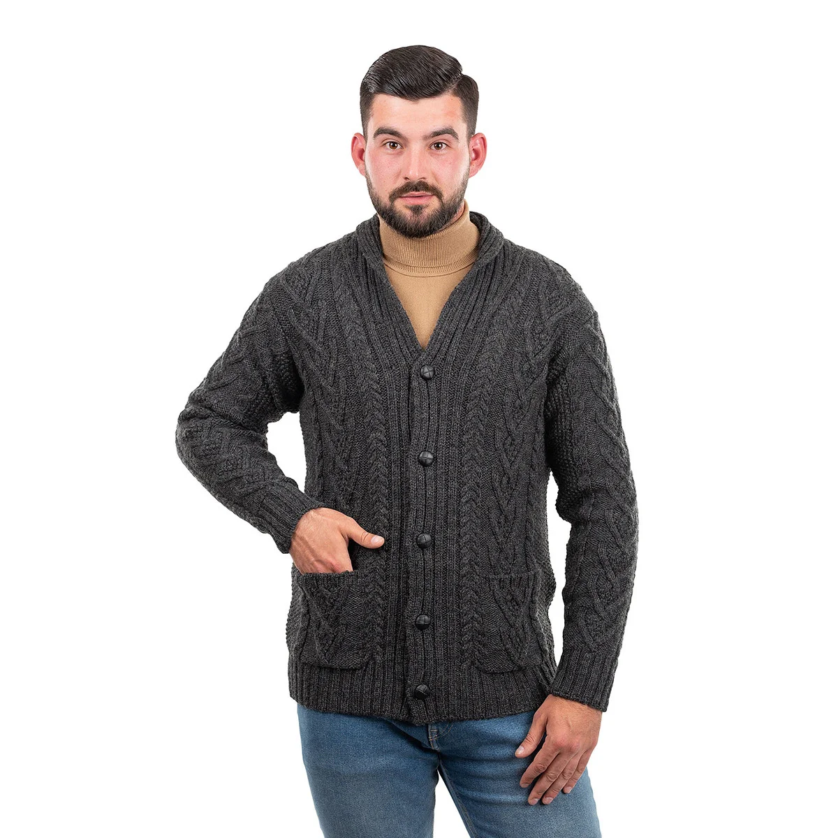 Men’s Aran Cable Shawl Collar Cardigan – 100% Merino Wool Irish Knit - Image 5 | Caelmoon