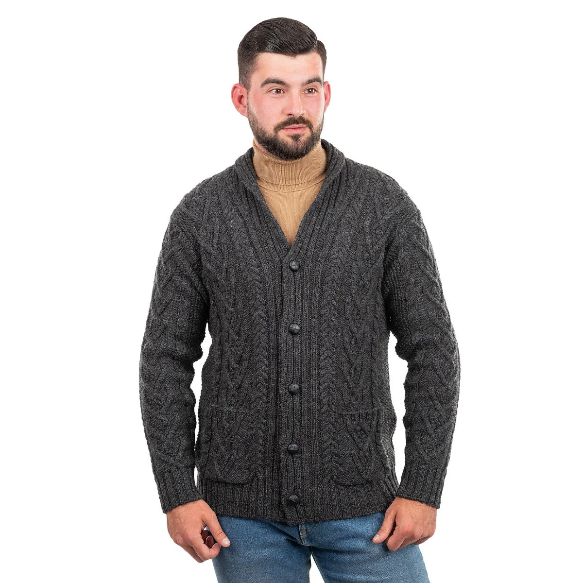 Men’s Aran Cable Shawl Collar Cardigan – 100% Merino Wool Irish Knit - Image 6 | Caelmoon