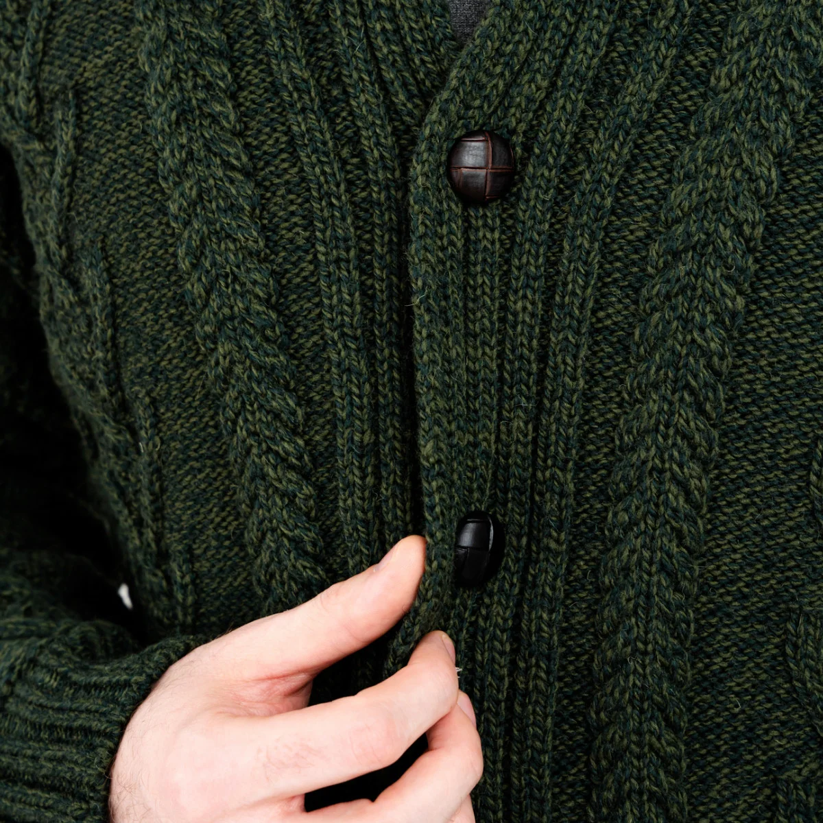 Men’s Aran Cable Shawl Collar Cardigan – 100% Merino Wool Irish Knit - Image 8 | Caelmoon