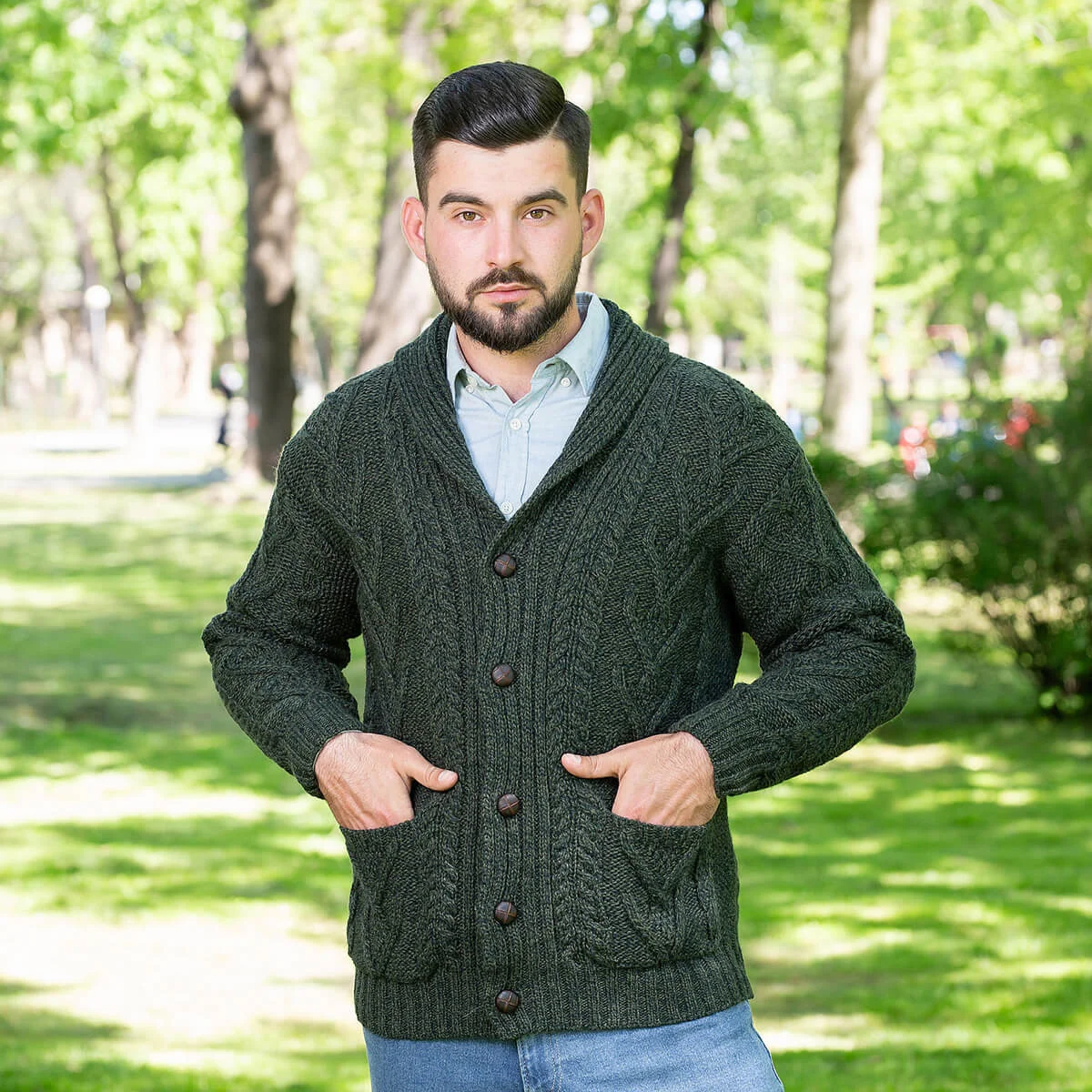 Men’s Aran Cable Shawl Collar Cardigan – 100% Merino Wool Irish Knit - Image 10 | Caelmoon