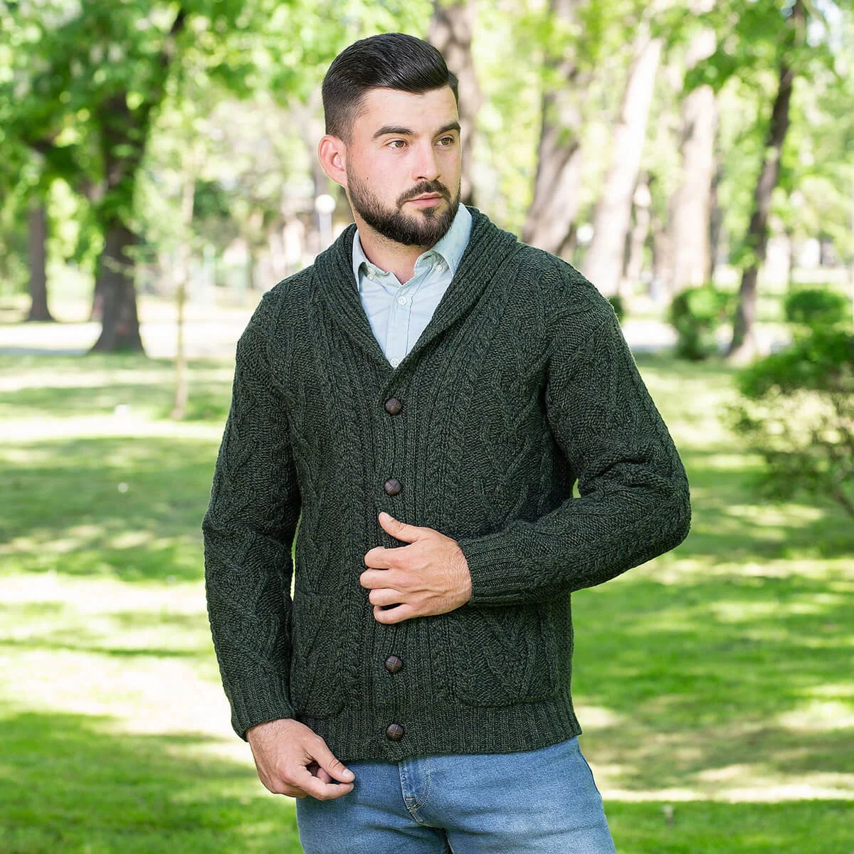 Men’s Aran Cable Shawl Collar Cardigan – 100% Merino Wool Irish Knit - Image 11 | Caelmoon
