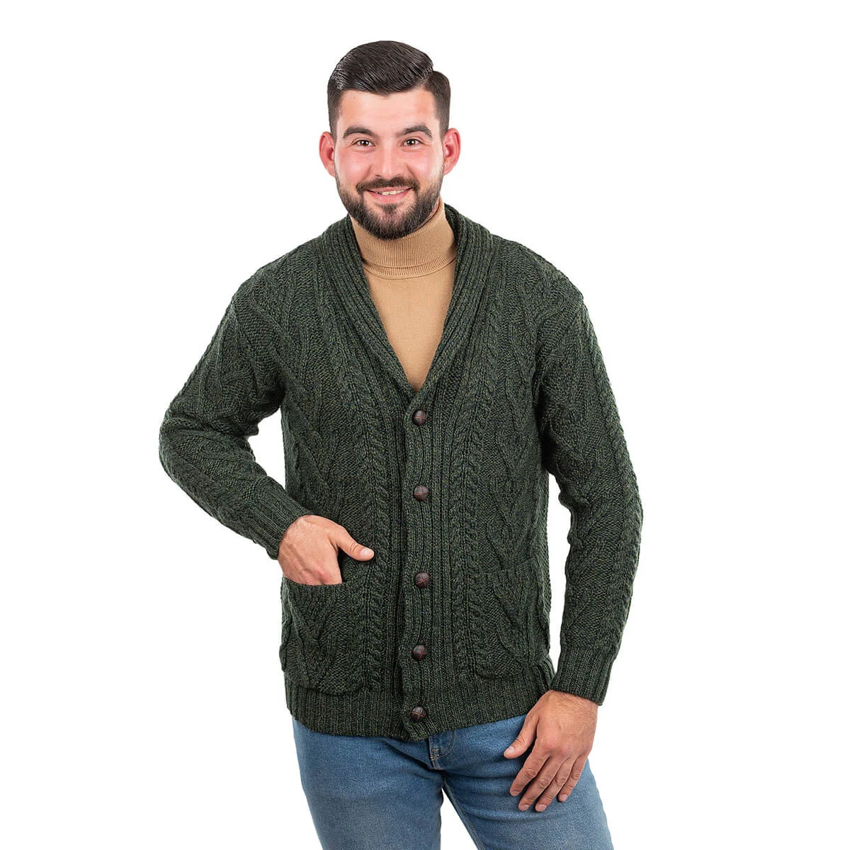 Men’s Aran Cable Shawl Collar Cardigan – 100% Merino Wool Irish Knit - Image 12 | Caelmoon
