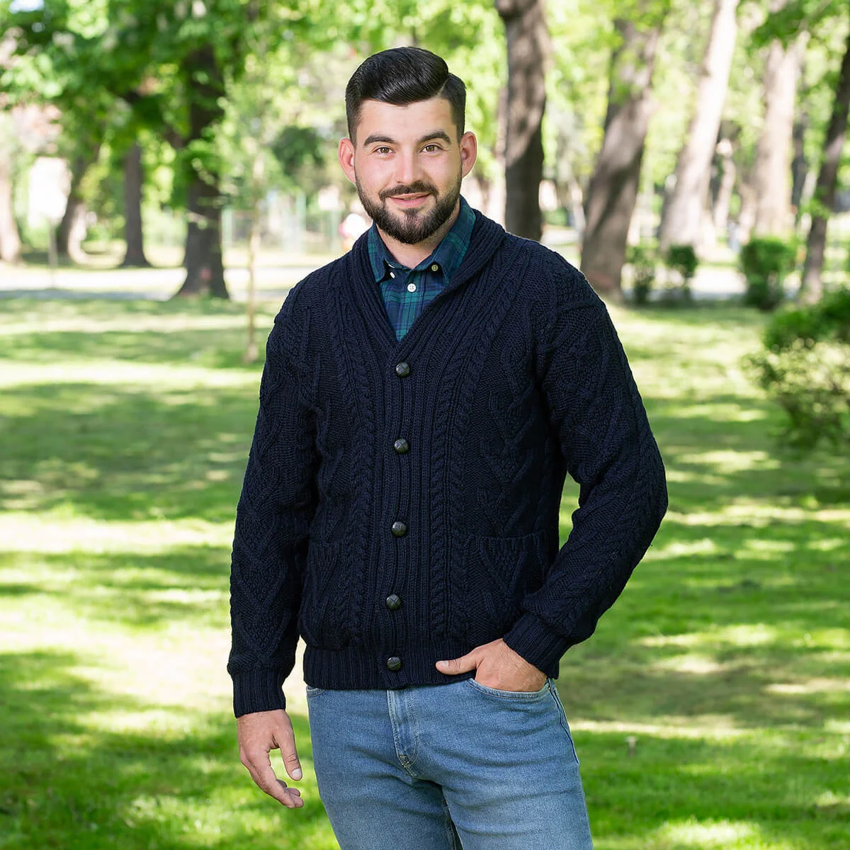 Men’s Aran Cable Shawl Collar Cardigan – 100% Merino Wool Irish Knit - Image 13 | Caelmoon