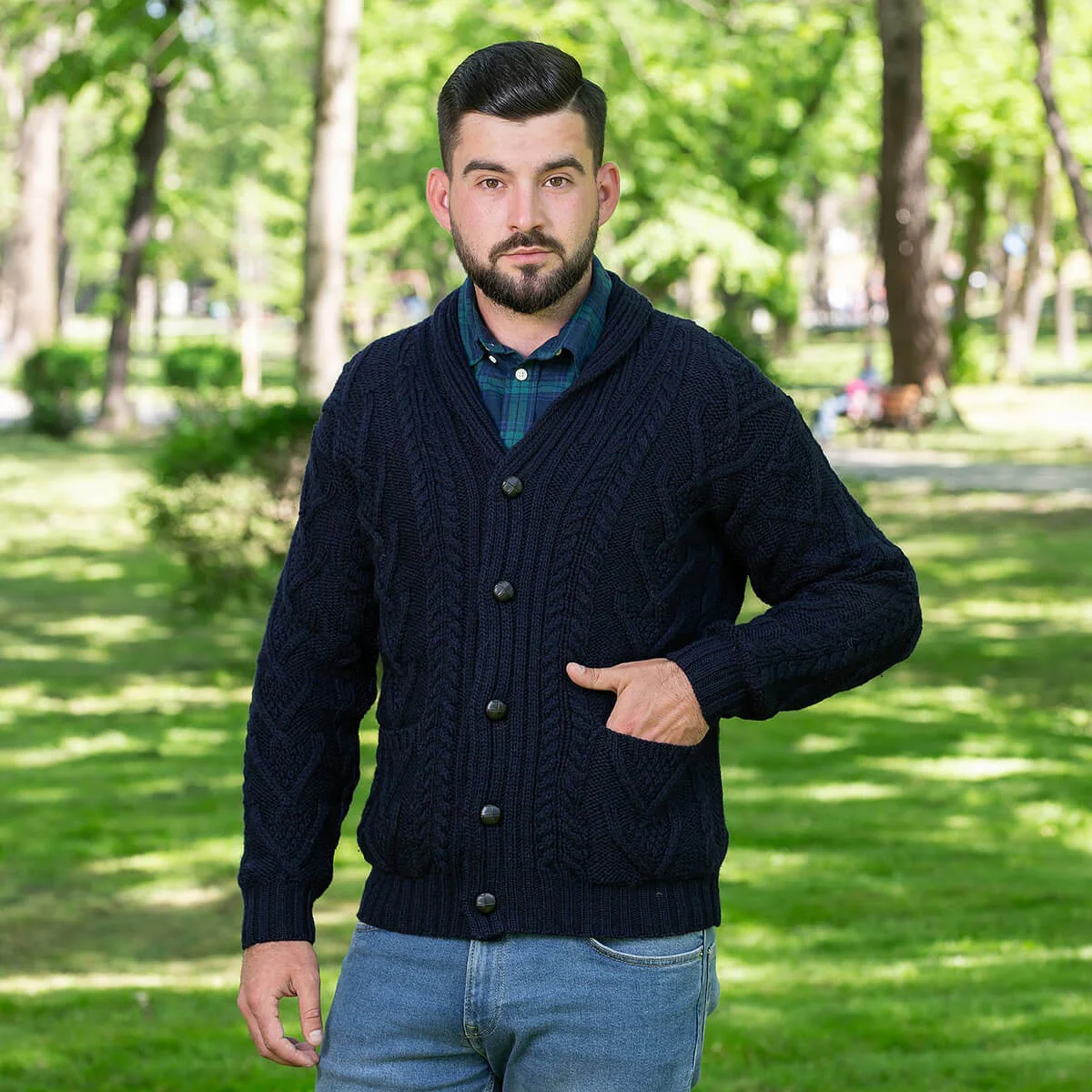 Men’s Aran Cable Shawl Collar Cardigan – 100% Merino Wool Irish Knit - Image 14 | Caelmoon