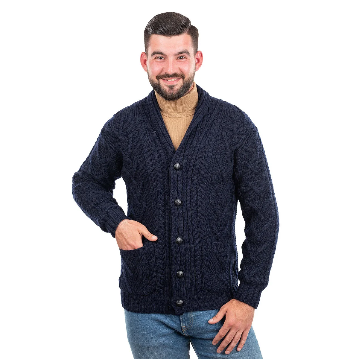 Men’s Aran Cable Shawl Collar Cardigan – 100% Merino Wool Irish Knit - Image 20 | Caelmoon