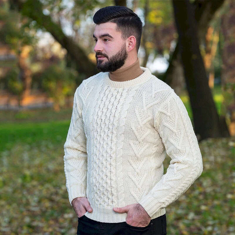 Men’s Merino Wool Aran Sweater – Classic Irish Cable Knit Crew Neck Jumper - Image 3 | Caelmoon