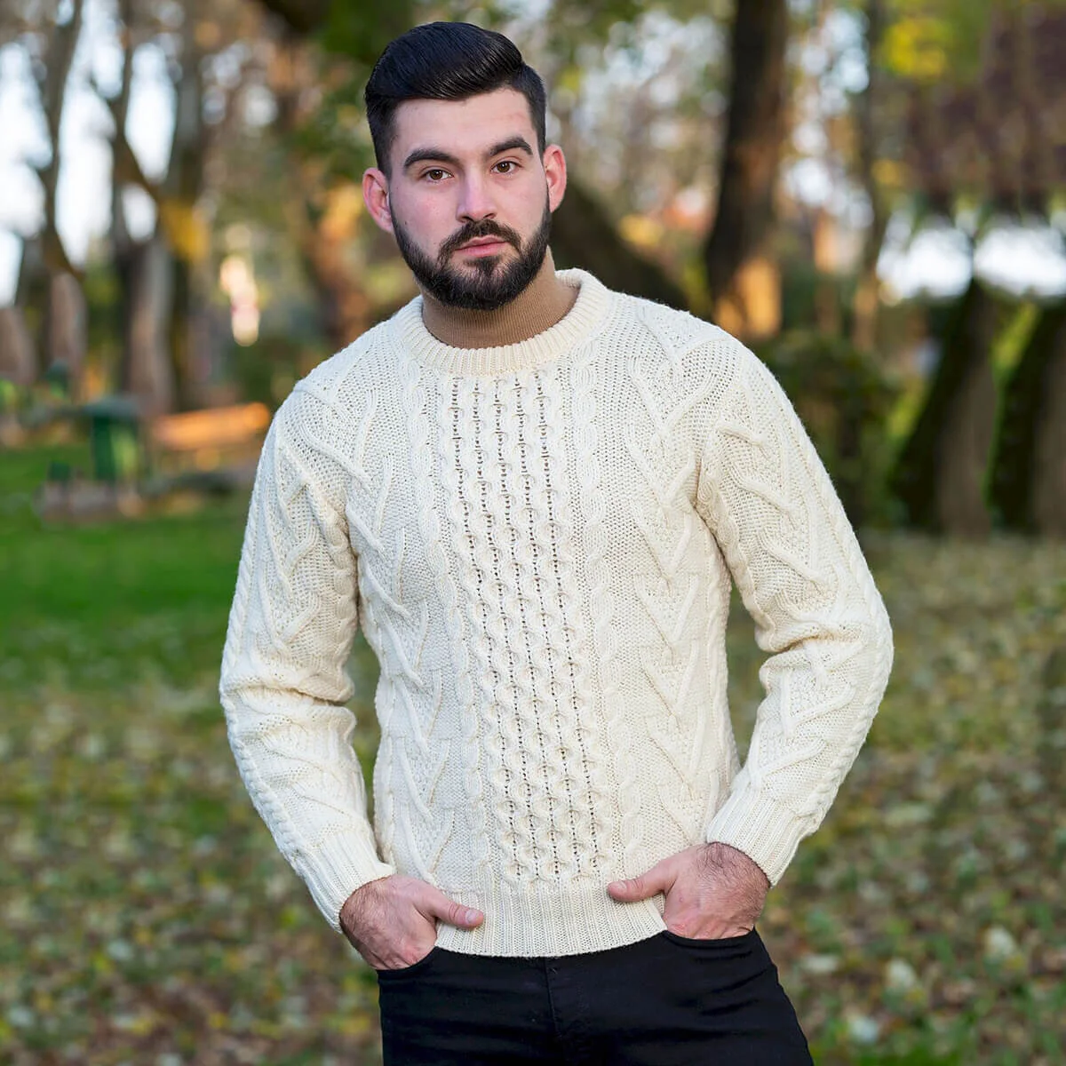 Men’s Merino Wool Aran Sweater – Classic Irish Cable Knit Crew Neck Jumper - Image 4 | Caelmoon