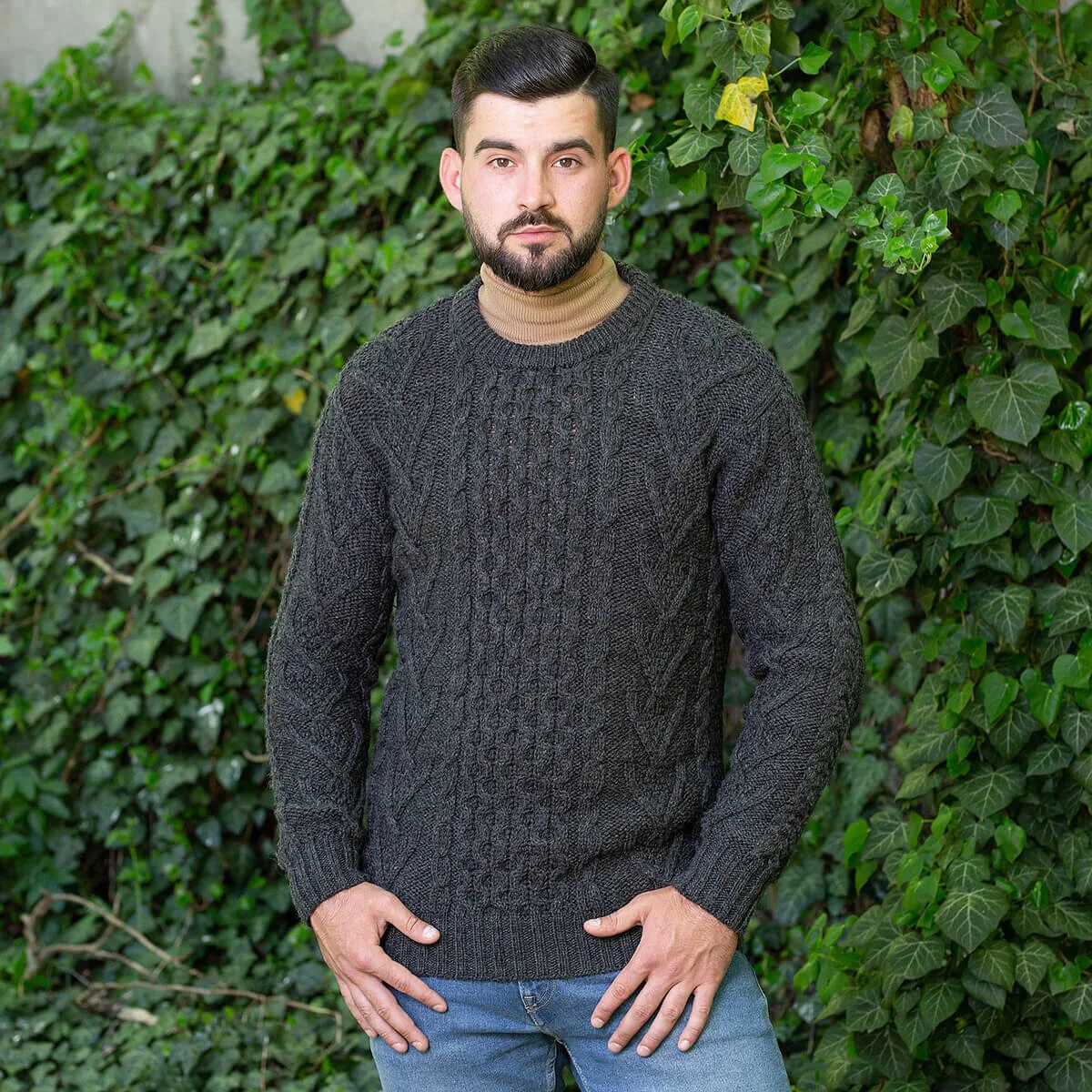 Men’s Merino Wool Aran Sweater – Classic Irish Cable Knit Crew Neck Jumper - Image 9 | Caelmoon