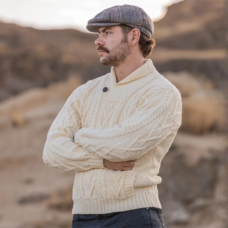 Men’s Merino Wool Shawl Collar Sweater – Single Button Irish Knit - Image 6 | Caelmoon