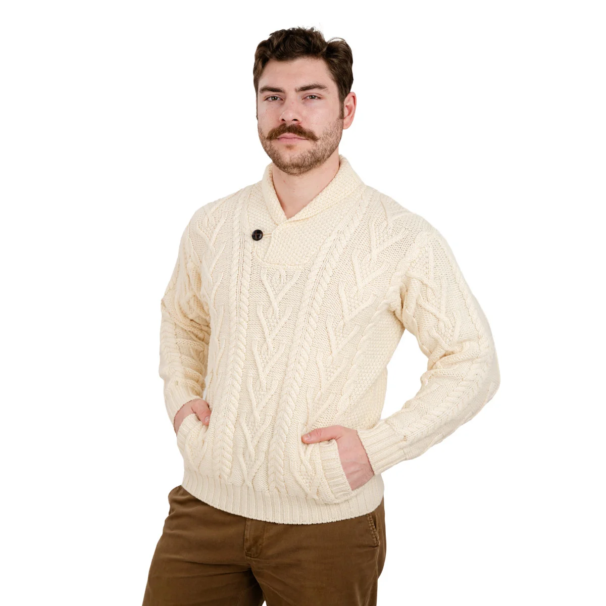 Men’s Merino Wool Shawl Collar Sweater – Single Button Irish Knit - Image 8 | Caelmoon